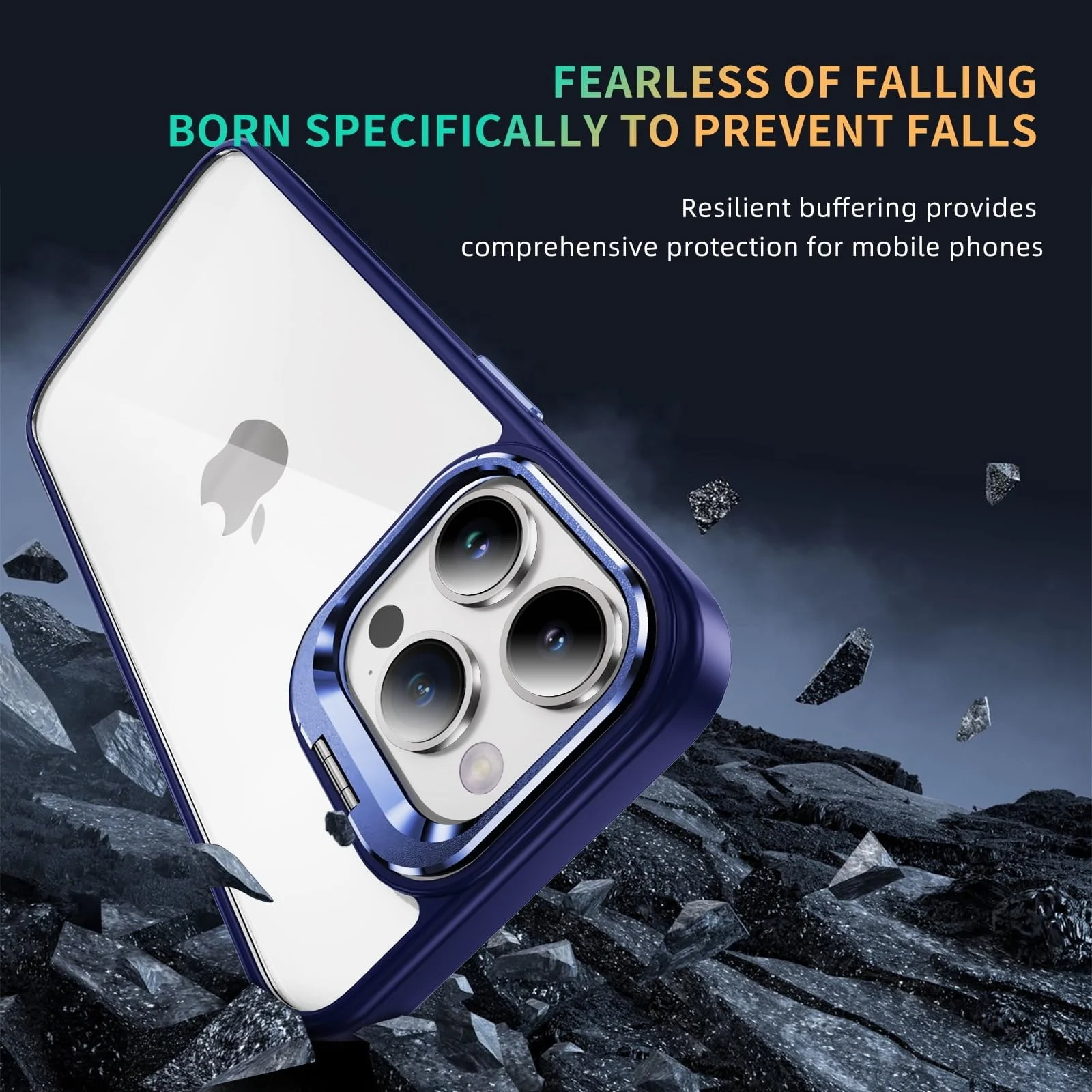 DL3 Mobilak Clear PC and TPU Case with Camera Ring Kickstand and Lens Protector for iPhone 15 Pro - Blue