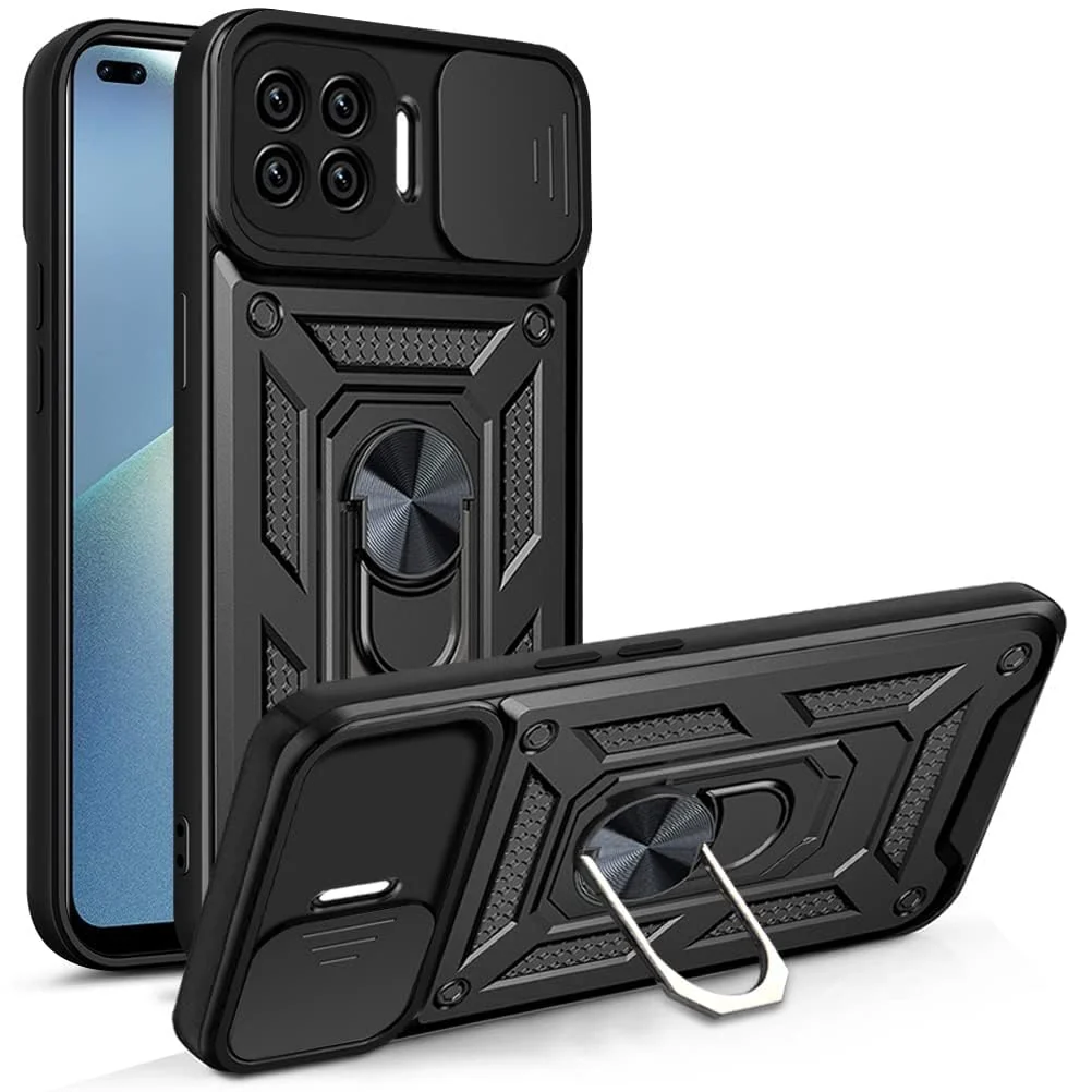 DL3 Mobilak Military-Grade Protective Case with Sliding Camera Cover, Metal Ring Kickstand and Magnetic Car-Mount Support for OPPO A93 4G / Reno4 Lite / F17 Pro / Reno 4F - Black