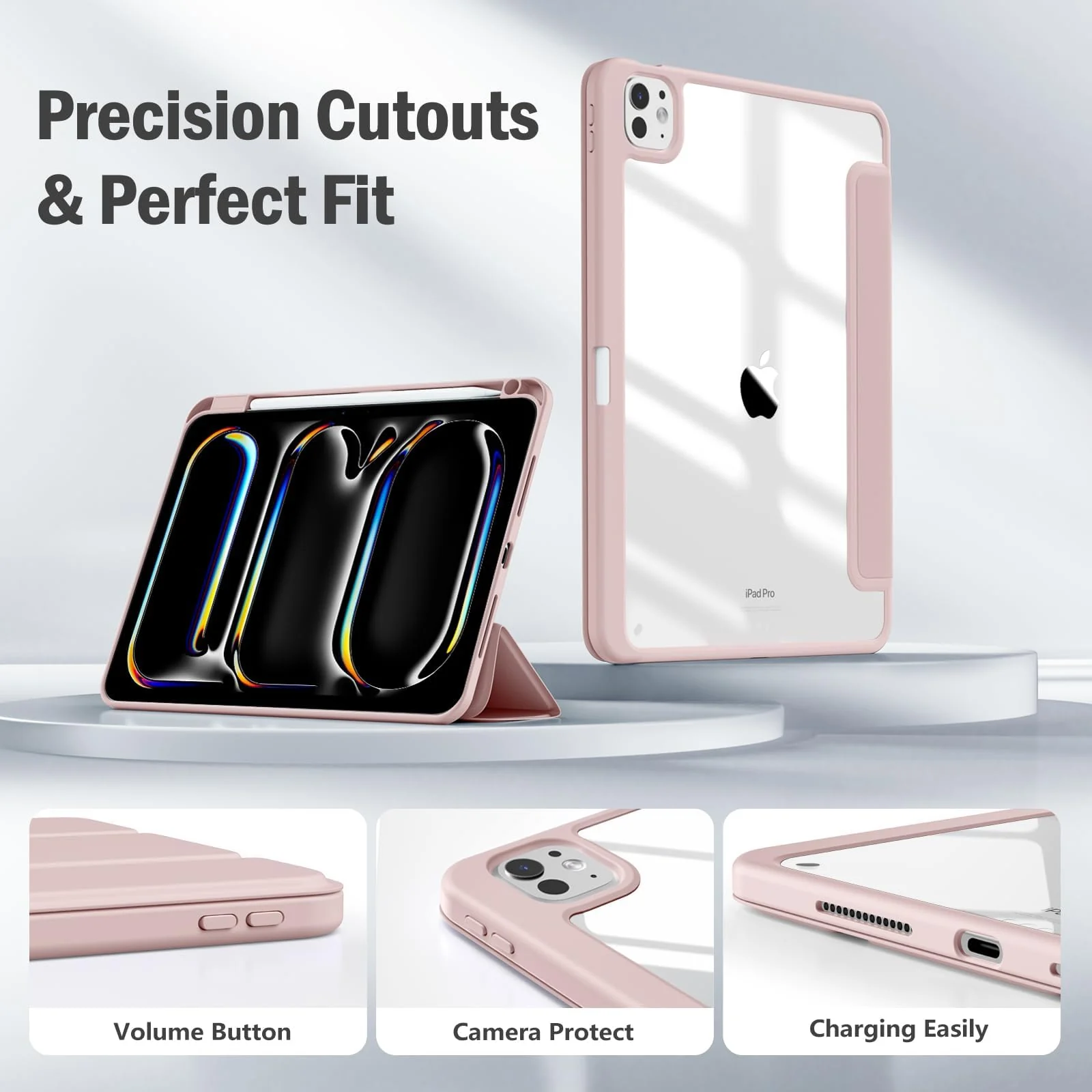 DL3 Mobilak Case for iPad Pro 11-Inch M4 2024 (5th Generation) with Pencil Holder, Clear Transparent Back Shell Slim Stand Shockproof Tablet Cover, Auto Wake/Sleep - Pink