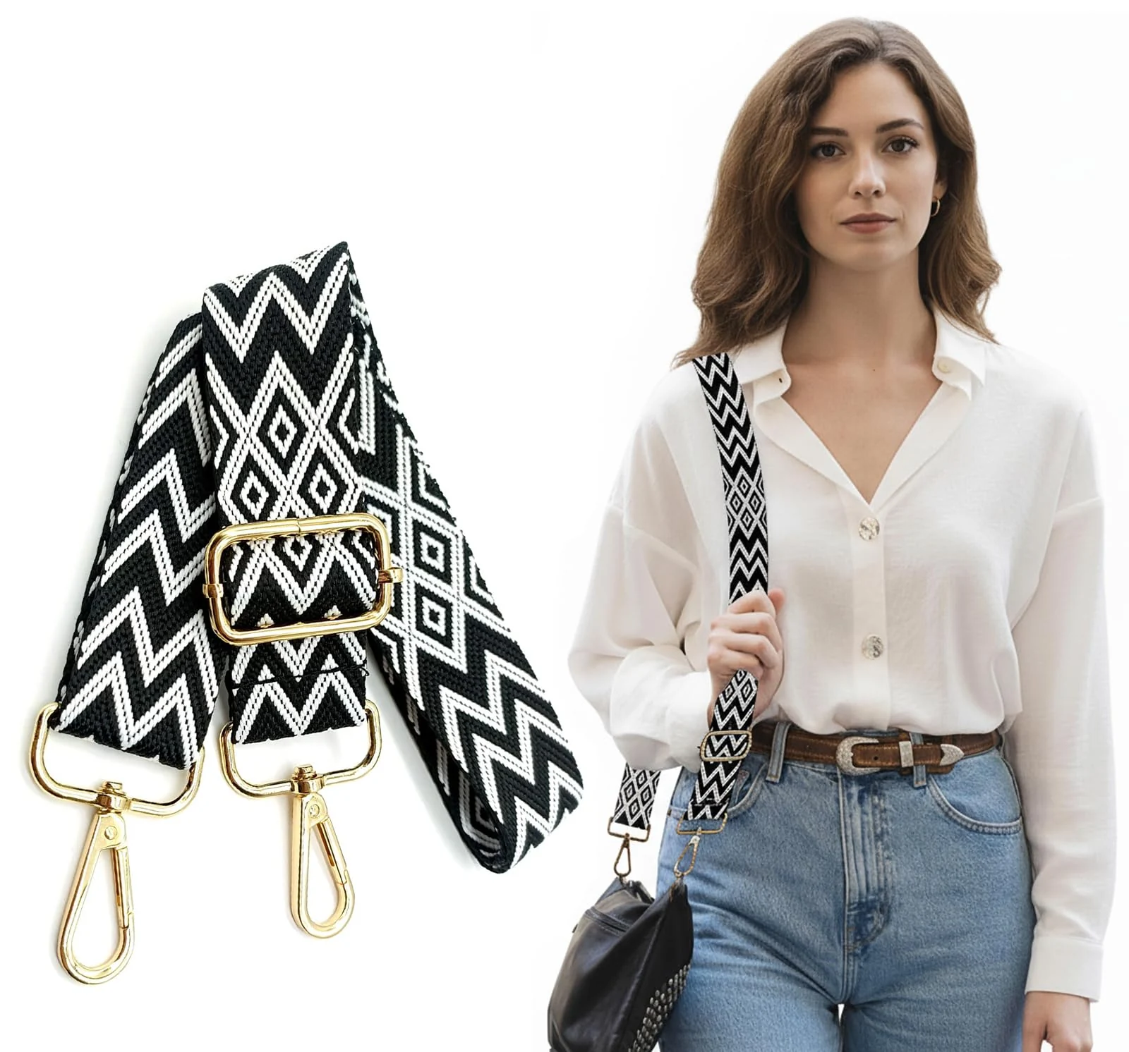 DL3 Mobilak Adjustable Wide Crossbody Bag Strap for Women, Replacement Shoulder Strap for Handbags, Totes & Purses with Elegant Embroidered Pattern and Metal Hooks - Blanco