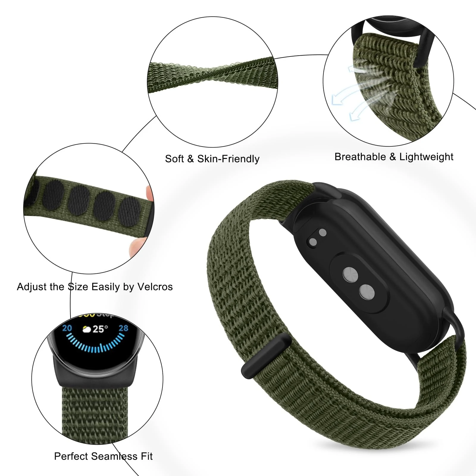 DL3 Mobilak Nylon Sport Band Compatible with Xiaomi Mi Band 10/9/8 for Women Men, Soft Adjustable Breathable Sport Loop Watch Strap Replacement Wristband for Xiaomi Smart Band 8/9/10 - Green