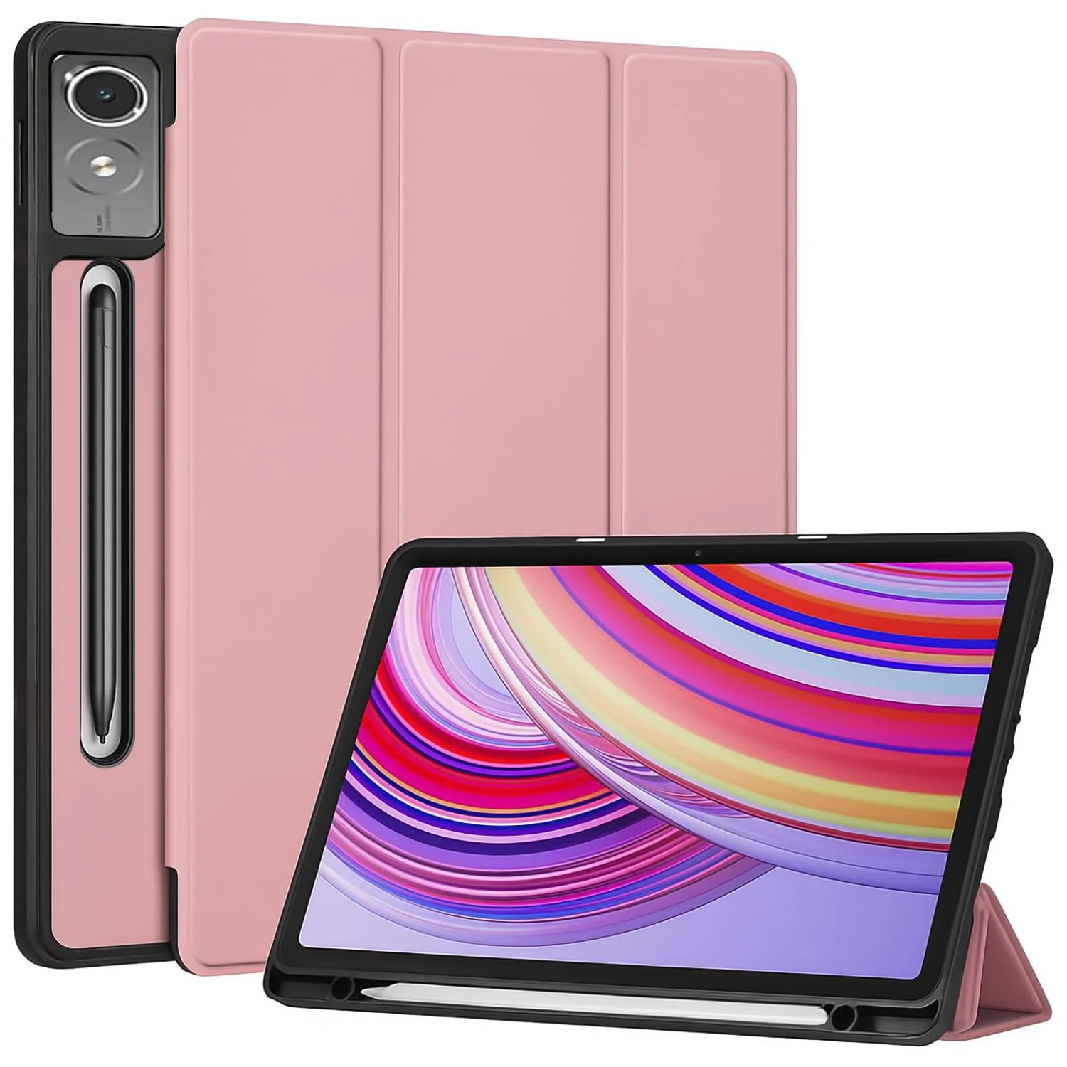 DL3 Mobilak Lenovo Tab P12 12.7 inch 2023 (TB-370FU/TB-371FC) Case with Pen Holder, Soft TPU Back Trifold Stand Protective Smart Cover Flip, Auto Wake&Sleep (Pink)