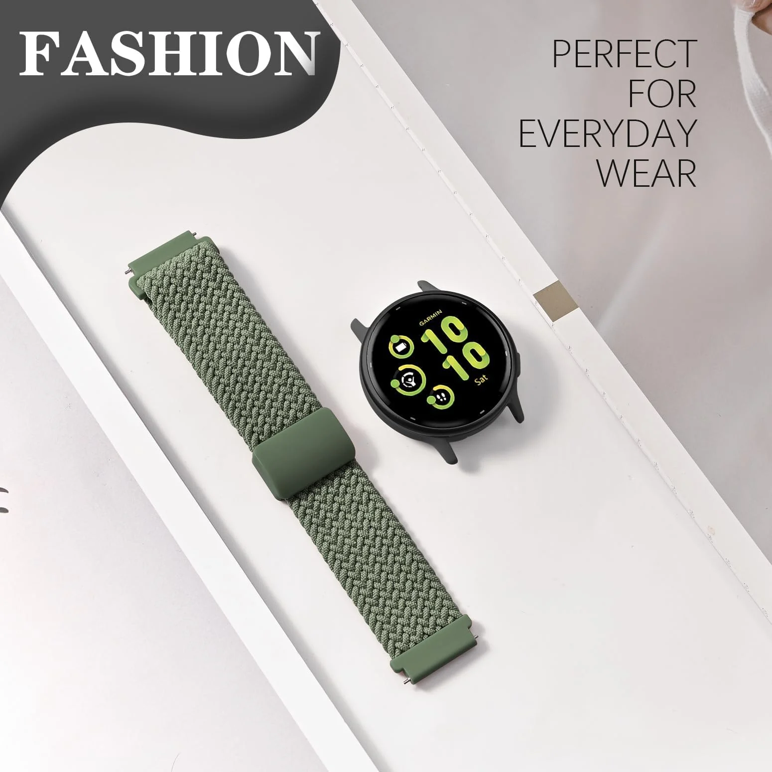 DL3 Mobilak 20mm Magnetic Band for Samsung Galaxy Watch 7/6/5/4/FE Band 40mm 44mm/Galaxy Watch 6/4 Classic Bands 47mm 43mm 46mm 42mm/Watch 5 pro 45mm/3 41mm/Active 2, Stretchy Braided Nylon Magnetic Sport Strap - Green Ash