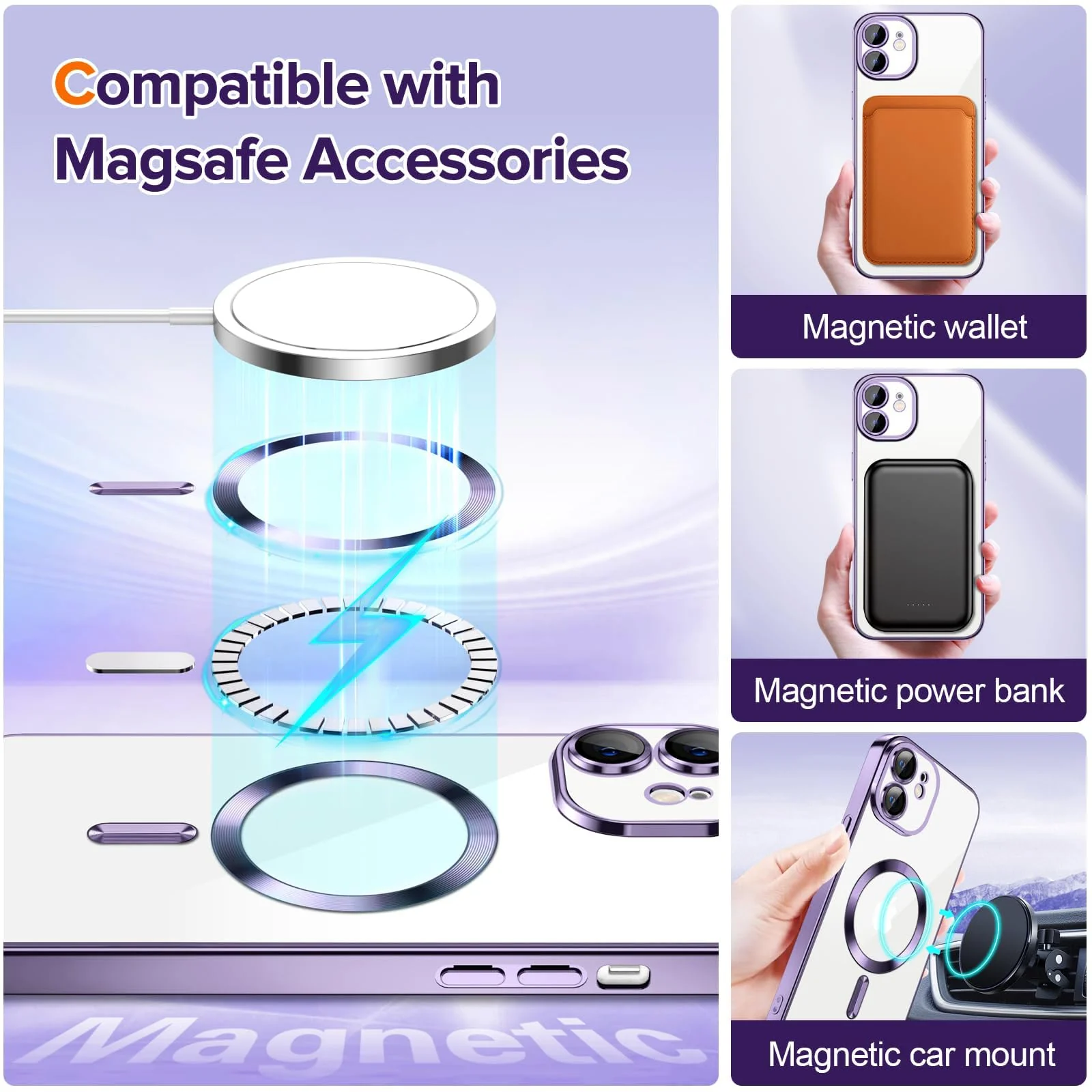 DL3 Mobilak Case for iPhone 11 (6.1 Inch) Compatible with MagSafe with Camera Lens Protector, Magnetic Clear Case Full Protection Plating Anti-Scratch Slim Thin Case Cover - Purple