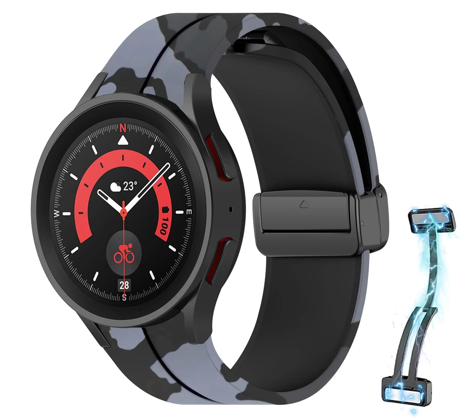 DL3 Mobilak Strap Compatible with Samsung Galaxy Watch 7 FE 6 5 4 Strap 40mm 44mm/Watch 6 Classic 43mm 47mm/5 Pro 45mm/4 Classic 42mm 46mm, No Gap Magnetic Clasp Silicone Band - Camouflage Dark Gray