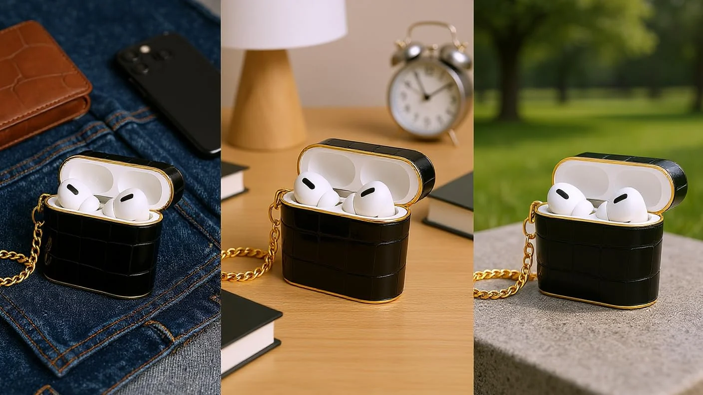 DL3 Mobilak Luxury AirPods Pro 1/2 Case with Gold Chain, Crocodile Pattern PU Leather Protective Cover for Apple AirPod Pro 2nd/1st, Shockproof, Stylish Gift for Women & Men - Elegant Black