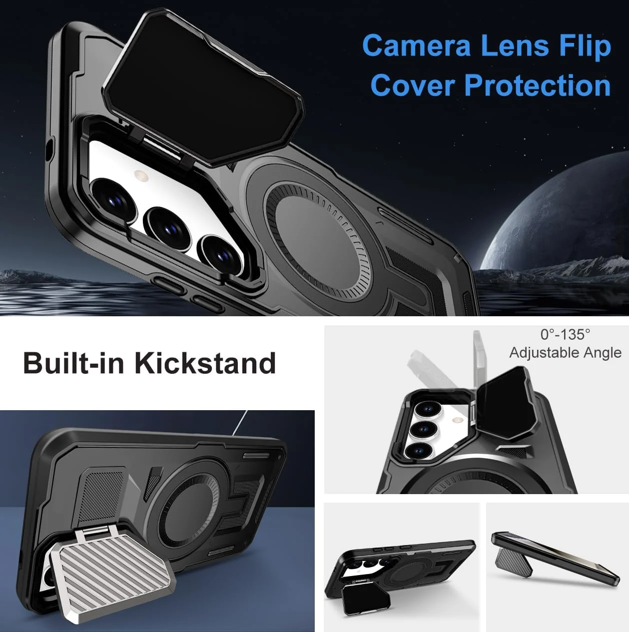 DL3 Mobilak MagSafe-Compatible Magnetic Case for Samsung Galaxy S25 FE 5G with Camera Protection and Built-In Kickstand - Black