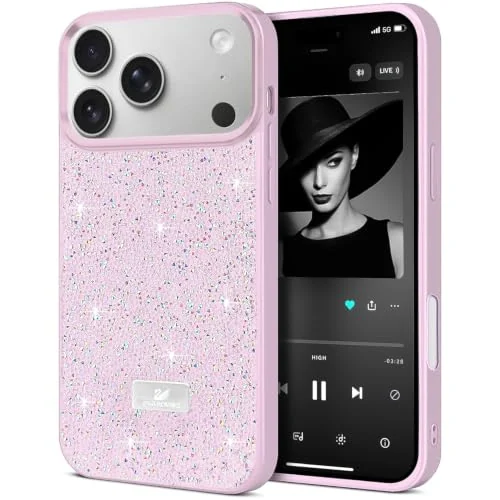 DL3 Mobilak Glitter Rhinestone Protective Case for iPhone 17 Pro with Shockproof Design - Pink 2