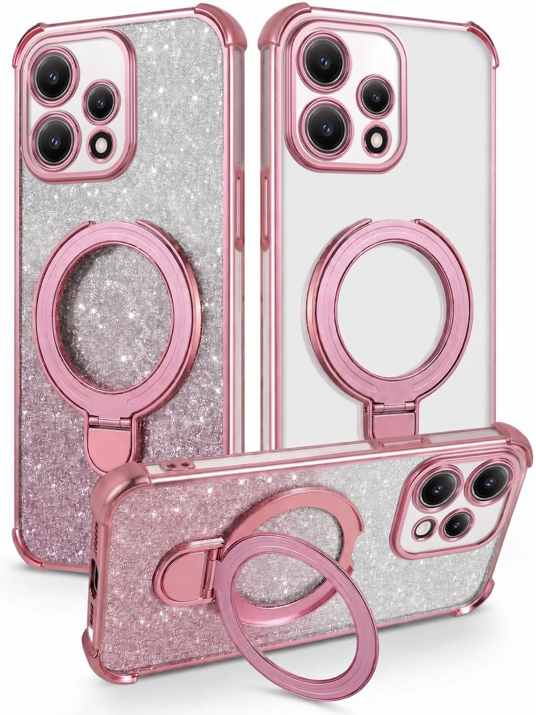 Mobigon Glitter Phone Case Compatible with OPPO Reno 15 5G (OPPO Reno15), Magnetic Ring Stand Shockproof Cover, Clear Soft TPU Bumper with Full Camera Protection - Pink