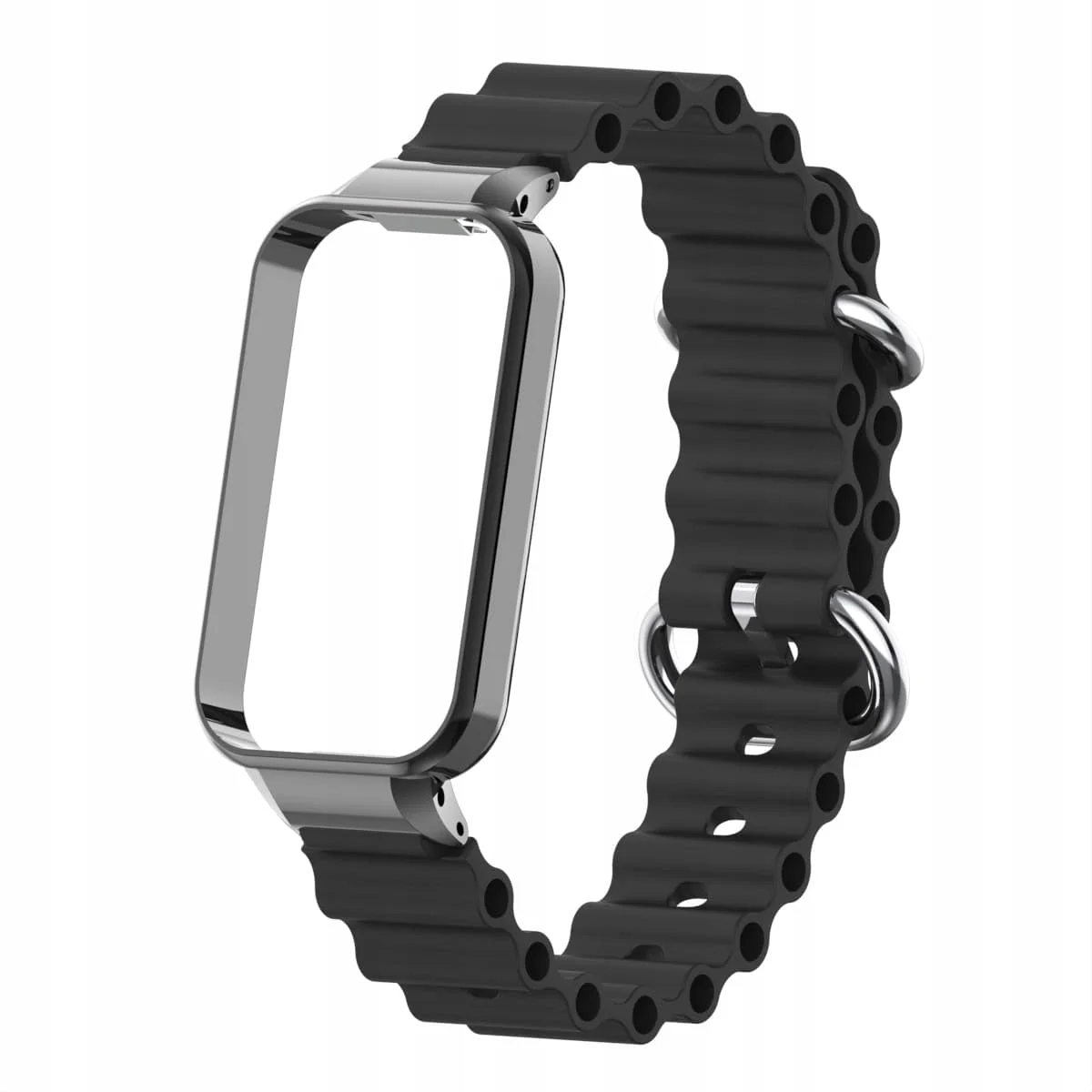 DL3 Mobilak Ocean Strap Compatible with Xiaomi Redmi Band 2/Smart Band 8 Active, Adjustable Silicone Band with Metal Buckle and Frame for Women and Men - Black