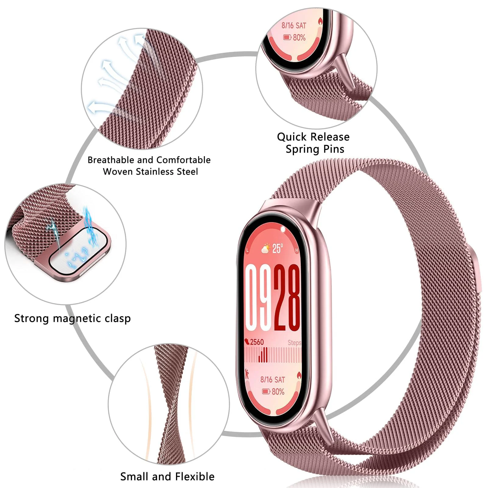 DL3 Mobilak Bracelet Compatible with Xiaomi Mi Band 10/9/8, Stainless Steel Replacement Straps, Mesh Metal Watch Strap, Magnetic Adjustable Replacement Strap For Xiaomi Smart Band 8/9/10 - Pink