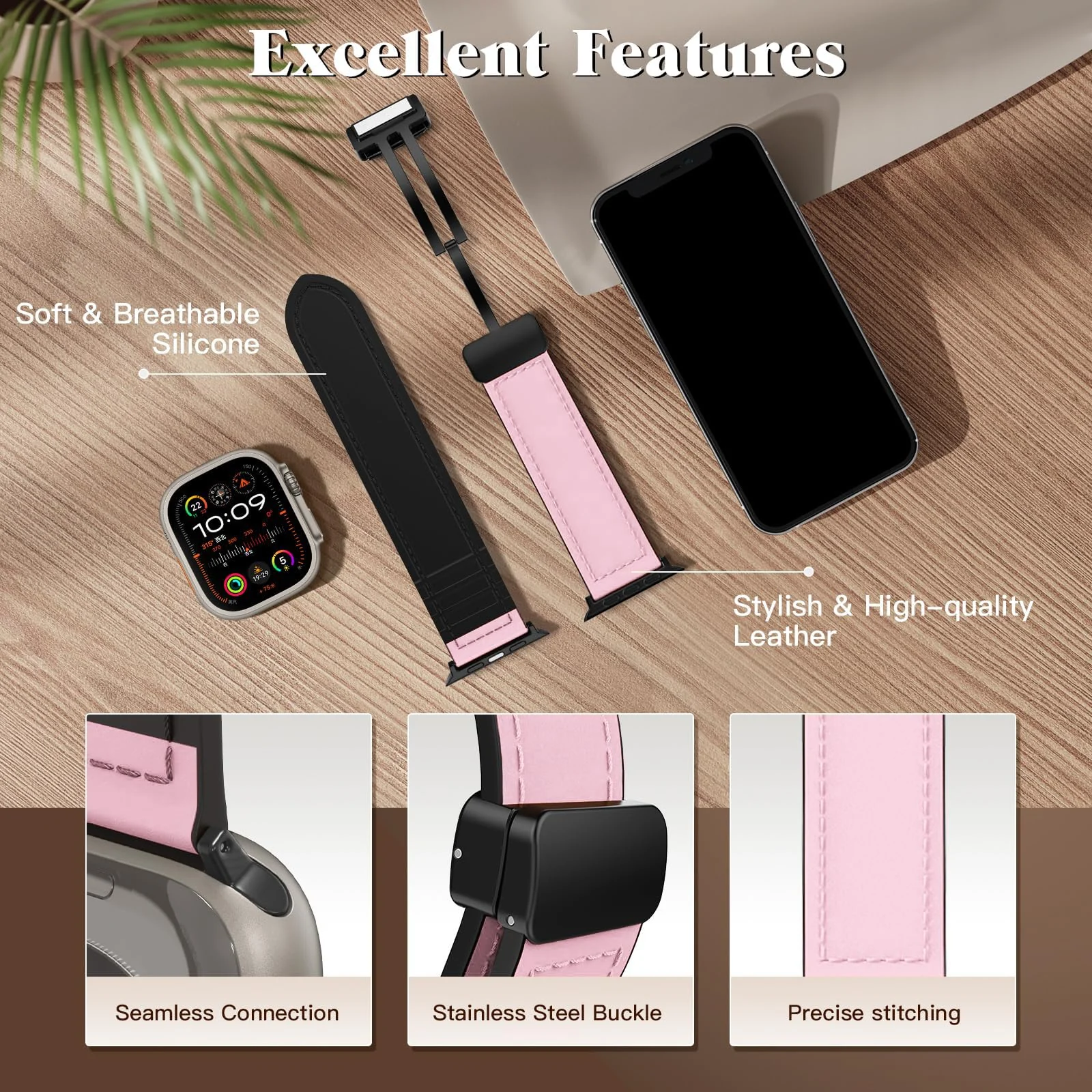 DL3 Mobilak Leather Bands Compatible with Apple Watch Band 49mm 45mm 44mm 42mm, Leather Magnetic Buckle Design Strap For iWatch Ultra Ultra 2 SE Series 9 8 7 6 5 4 3 2 1 Wristband For Men Women - Pink