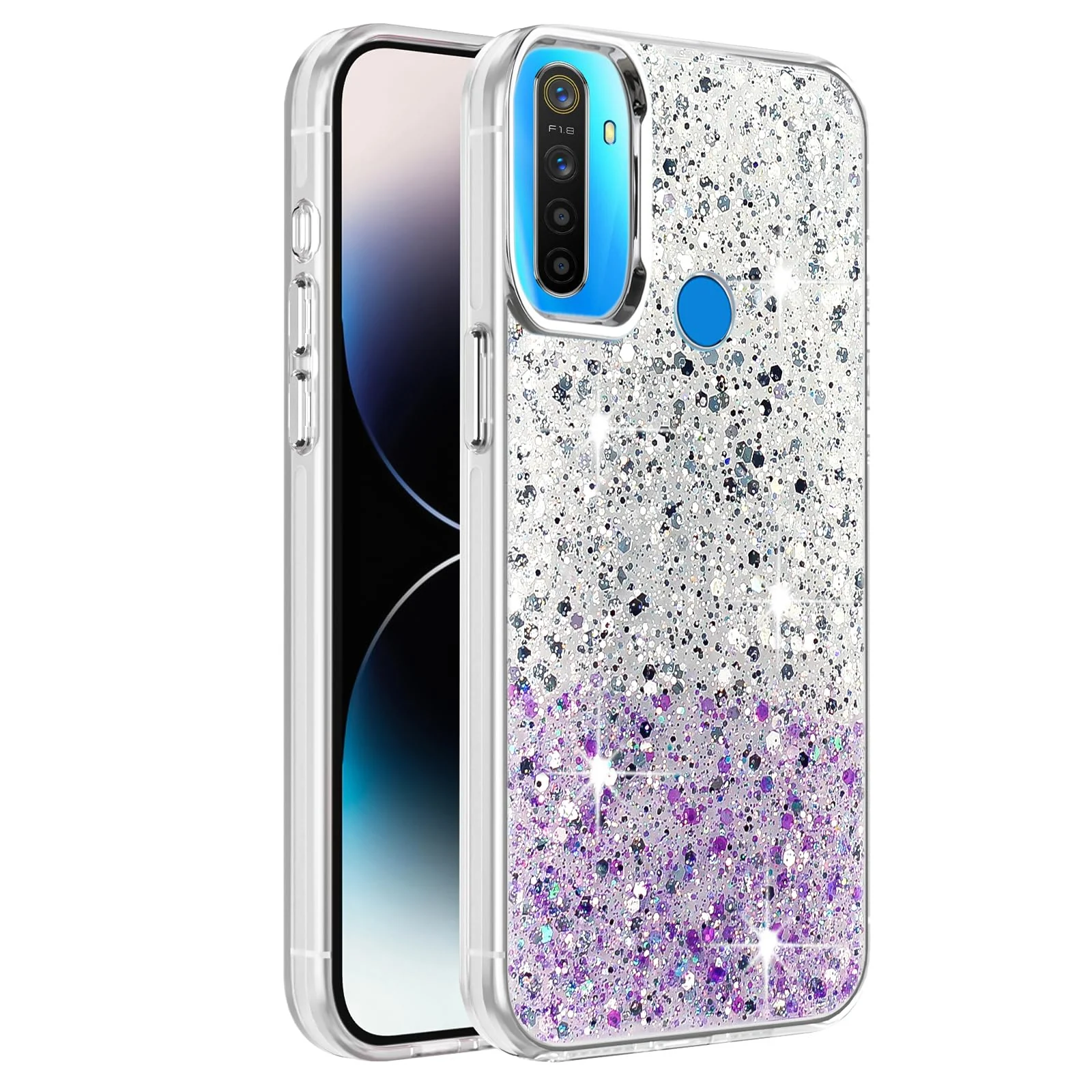 DL3 Mobilak Glitter Protective Case for OPPO realme 5 / 5s / 5i / 6i / C3 / Narzo 10A, Supports wireless charging, Camera protection, Shock-absorbing protection - White Purple