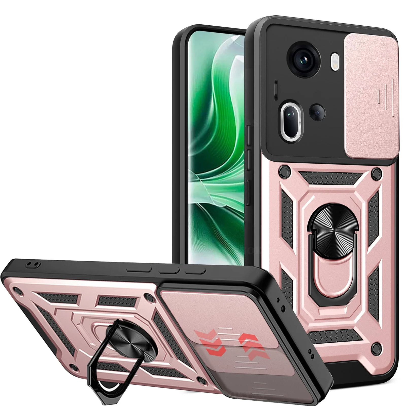 Dl3 Mobilak Case for Oppo Reno 11 5G with Slide Camera Cover, Military Grade Shockproof Protective Cover with Rotatable Metal Ring Kickstand [Support Magnetic Car Mount] (Rose Gold)
