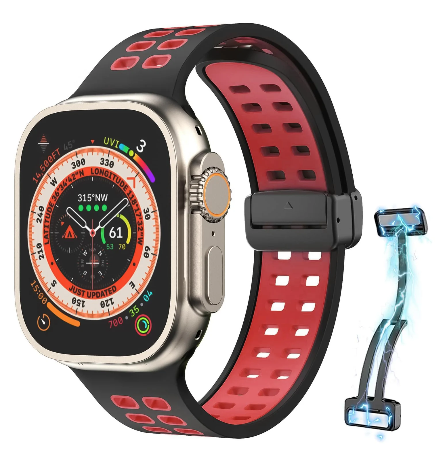 DL3 Mobilak Compatible with Apple Watch Ultra Band 49mm 45mm 44mm 42mm 41mm 40mm 38mm, Silicone Strap with Magnetic for iWatch Ultra SE Series 9 8 7 6 5 4 3 2 1 (42mm/44mm/45mm/49mm) - Black Red