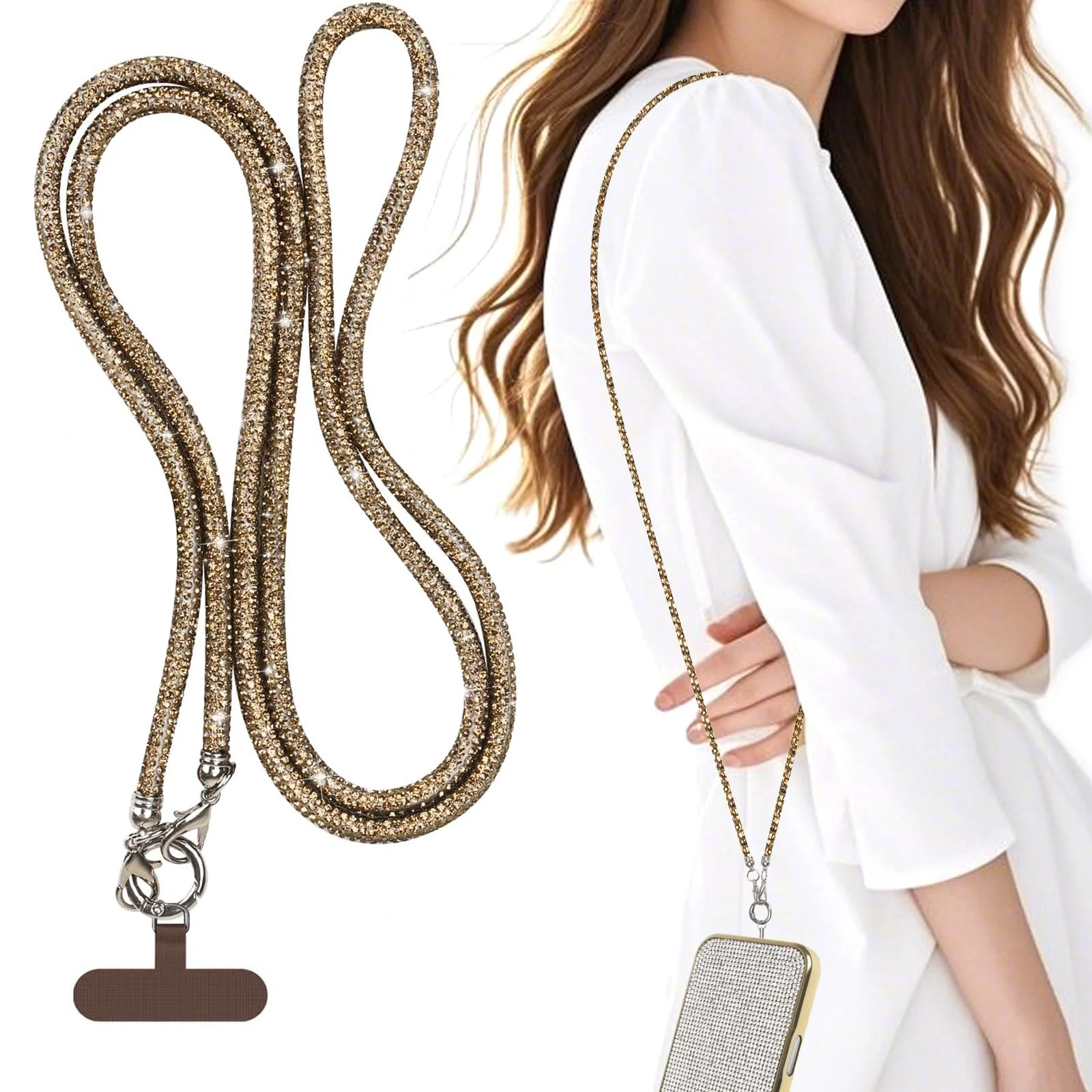 DL3 Mobilak Phone Crossbody Lanyard, Crystal Phone Lanyard with Full Rhinestone Bling Glitter, Bling Phone Strap for Most Phone, iPad, Handbag, Wallet, Phone Neck Holder for Women - Champagne