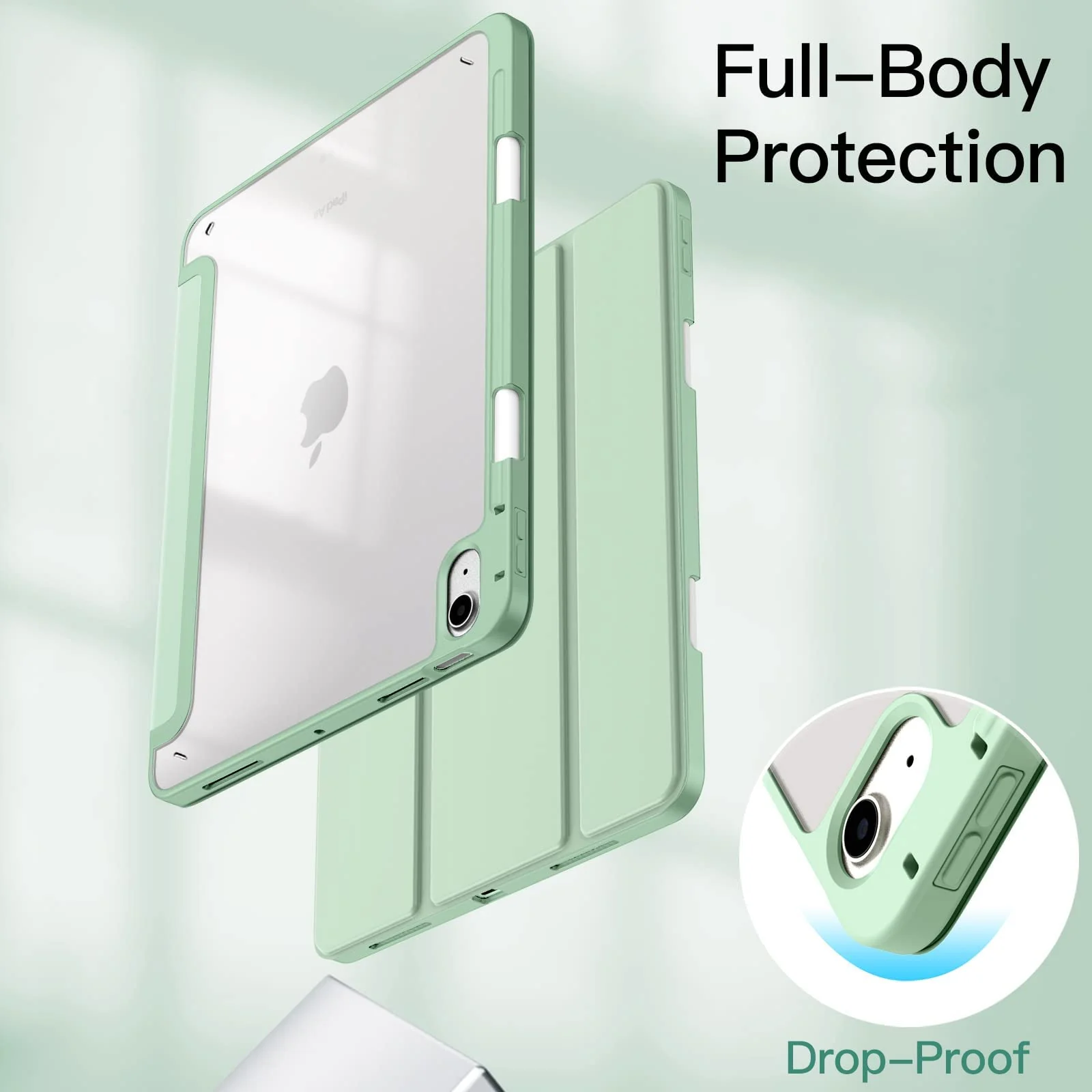 DL3 Mobilak Case for For iPad Air 11-Inch M2 (2024), iPad Air 5/4 (2022/2020 5th/4th 10.9-Inch), Clear Shockproof Back Cover Built-in Pencil Holder, Auto Sleep/Wake - Mint Green