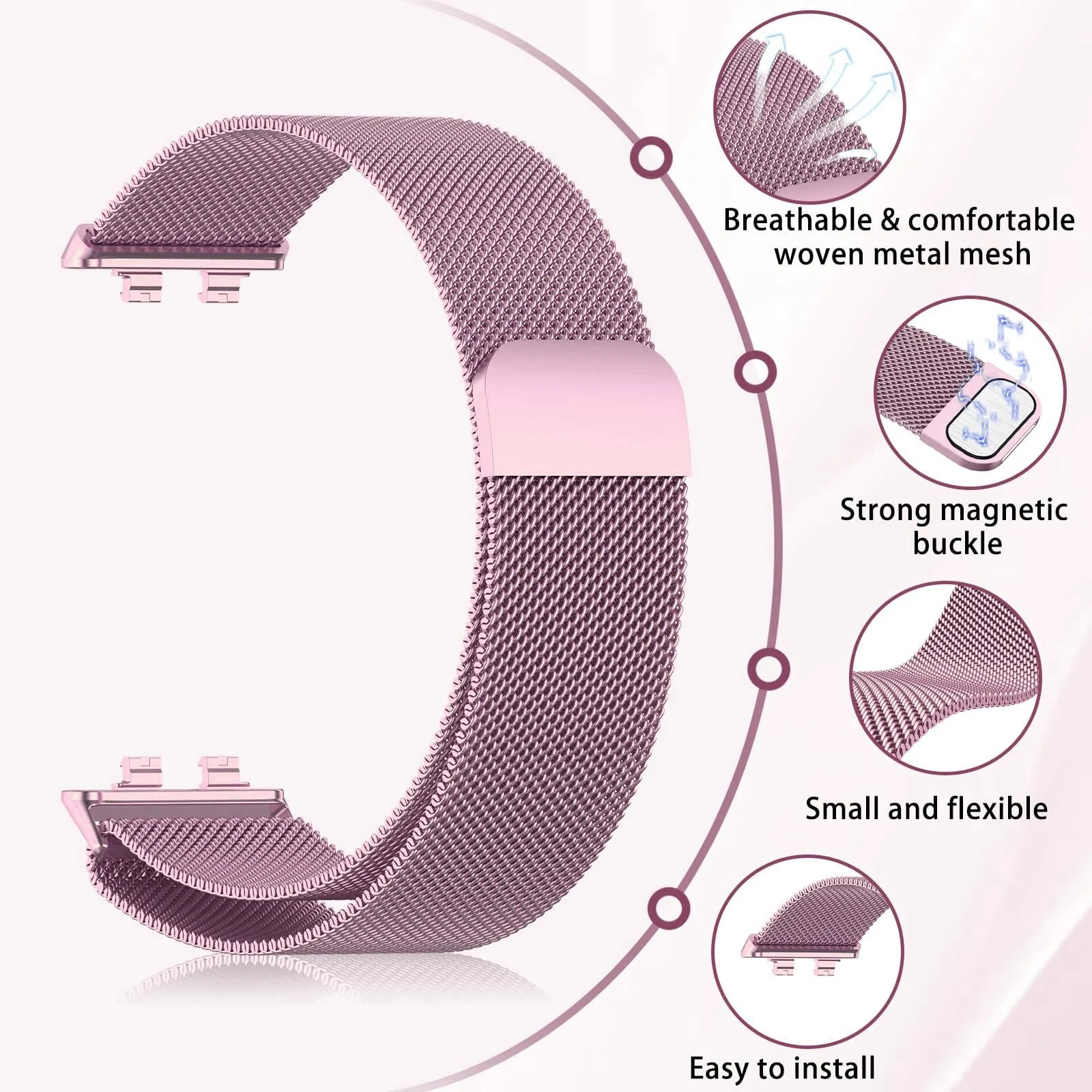 MOBIGON Magnetic Stainless Steel Watch Strap for Huawei Band 11 / 11 Pro, Pink
