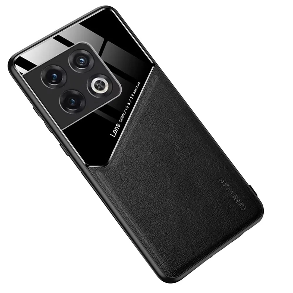 DL3 Mobilak Faux Leather and Plexiglass TPU Case for OnePlus 10 Pro 5G with Magnetic Car-Mount Support and Shockproof Design - Black