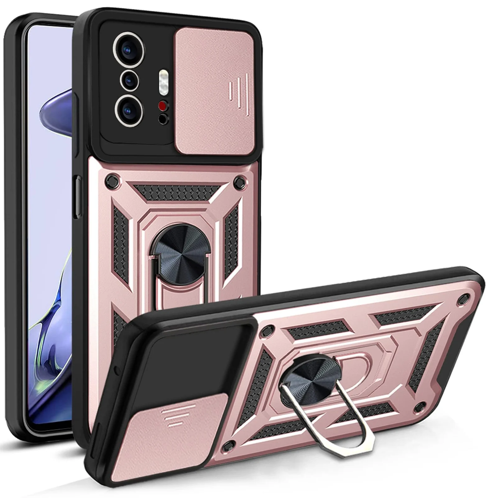 DL3 Mobilak Military-Grade Protective Case with Sliding Camera Cover, Metal Ring Kickstand and Magnetic Car-Mount Support for Xiaomi 11T / Xiaomi 11 T Pro - Rose Gold