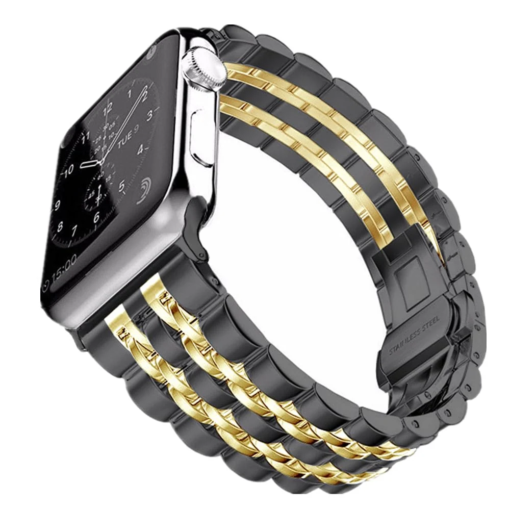 DL3 MOBILAK Band For Apple Watch Ultra Band 49mm 45mm 44mm 42mm 41mm 40mm 38mm, Metal Stainless Steel Strap for Apple Watch Series 8 Ultra 7 6 5 4 3 2 1 Se (42MM/44MM/45MM/49MM) - Black & Gold