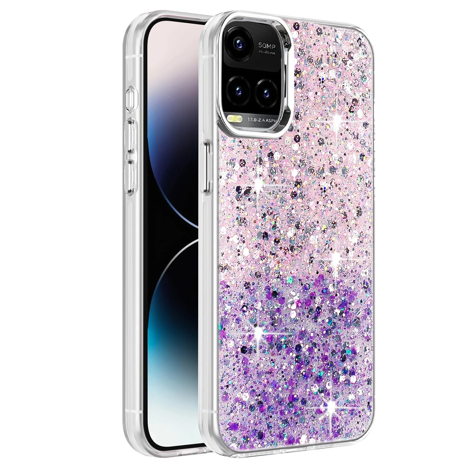 Dl3 Mobilak Compatible with Vivo Y33S 4G/Y33/Y21S /Y21 Case, Clear Glitter Bling Sparkly, Soft TPU Frame Bumper, Hard-Back Cover for Women & Girls, Transparent Protective Phone Case (Pink Green)