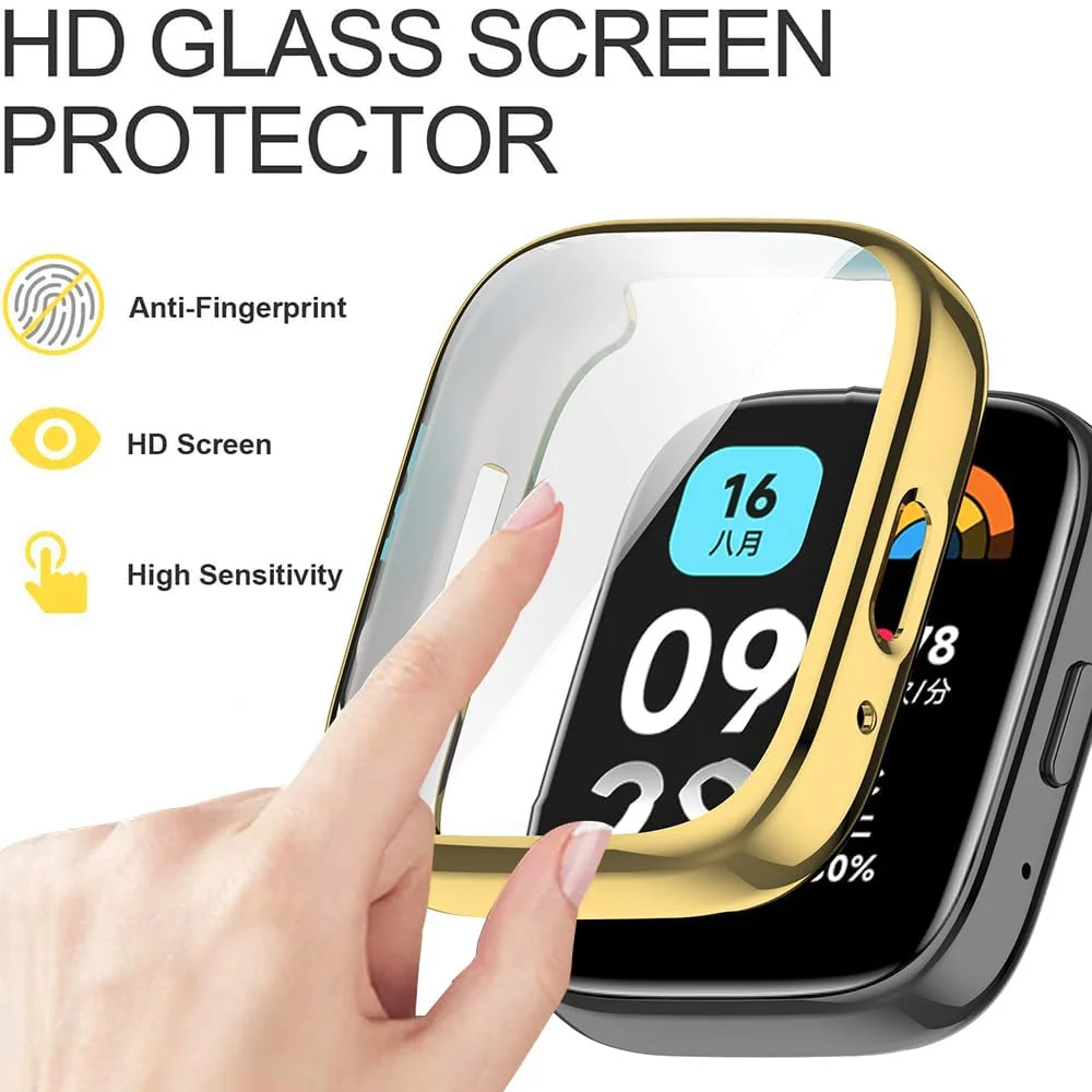 DL3 Mobilak Case for Xiaomi Redmi Watch 3 Lite/Active With Built-in Screen Protector, All-Around Soft TPU Shockproof Cover, Slim Guard Thin Bumper Shell Protector - Gold