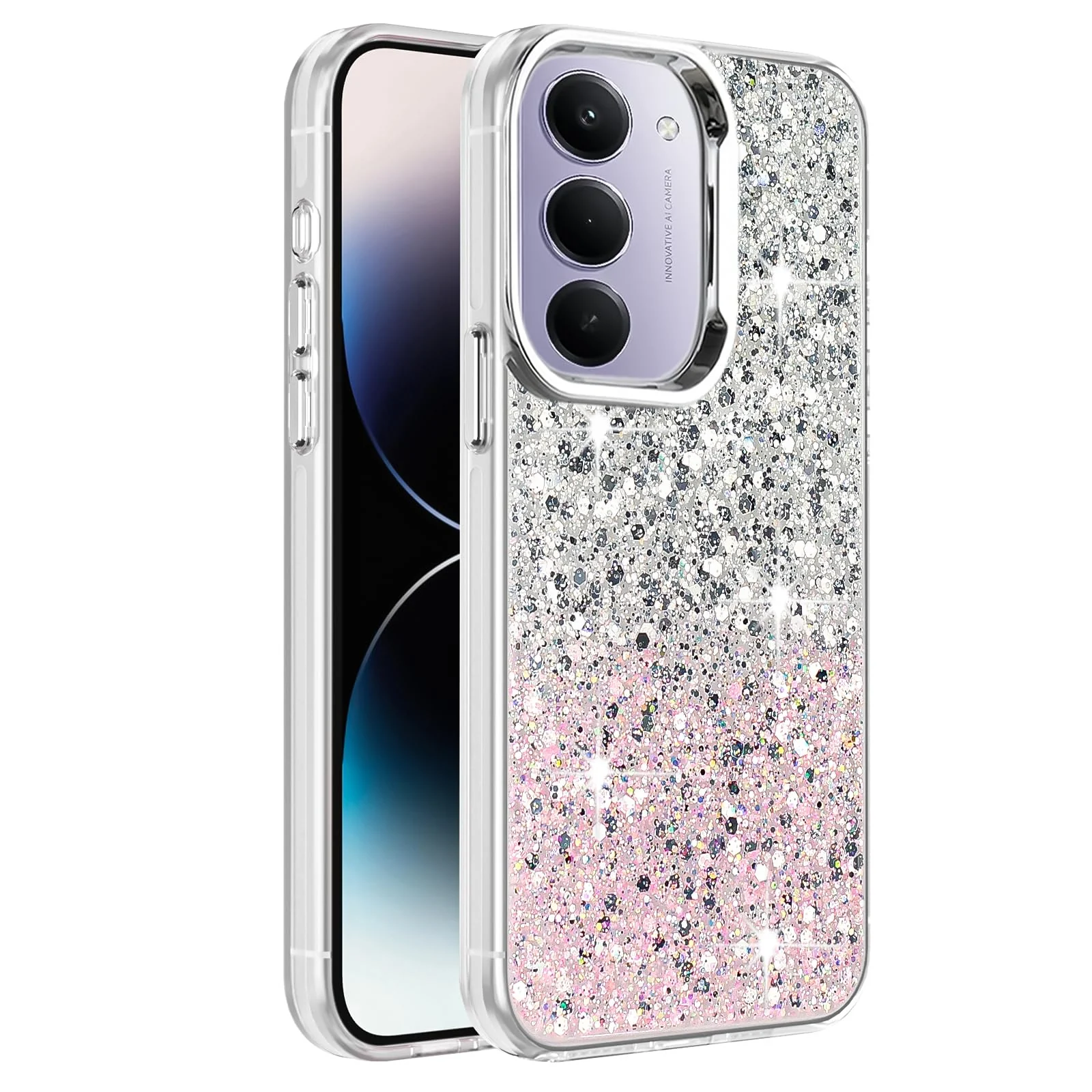 Dl3 Mobilak Compatible with Xiaomi Redmi 15 Case, Clear Glitter Bling Sparkly, Soft TPU Frame Bumper, Hard-Back Cover for Women & Girls, Transparent Protective Phone Case (White Green)