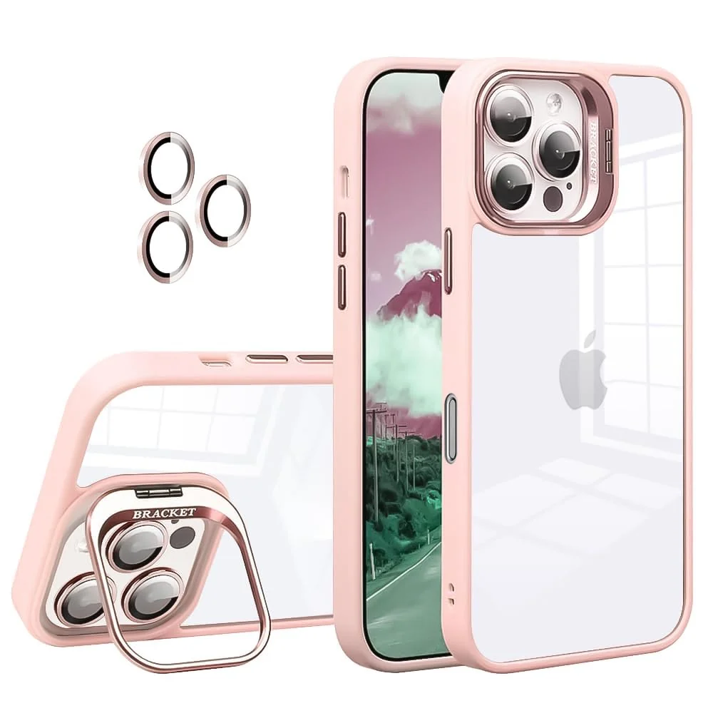 DL3 Mobilak Clear PC and TPU Case with Camera Ring Kickstand and Lens Protector for iPhone 16 Pro Max - Pink