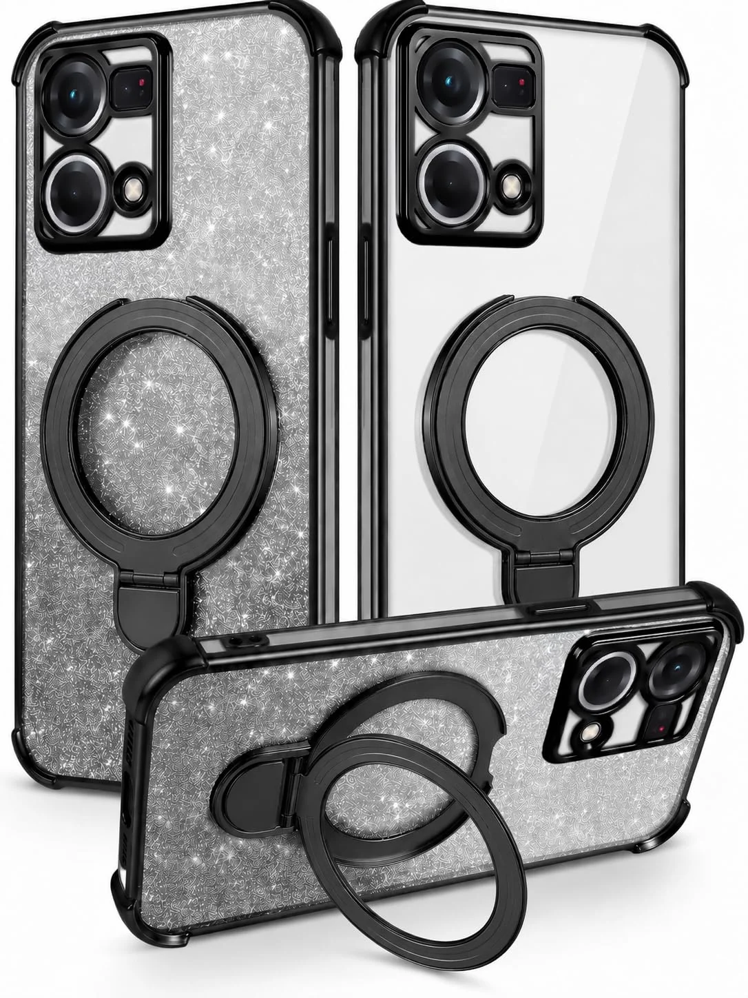 MOBIGON Glitter Phone Case with Magnetic Ring Stand for OPPO Reno 8 4G / Reno 7 4G, Black
