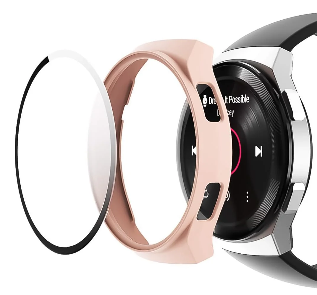 DL3 Mobilak Protective Case Compatible with Huawei Watch GT 2e 9H Hardness PC Case Bumper Full Slim Protective Cover with Tempered Glass For Huawei GT2e - Pink