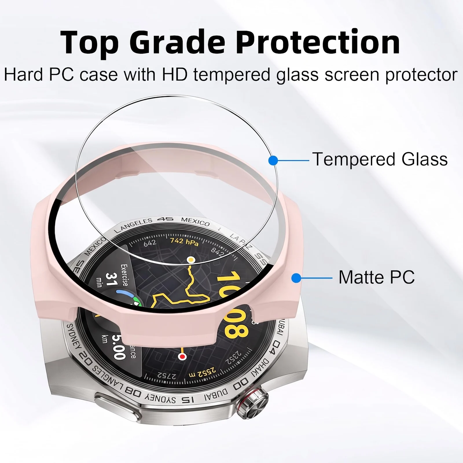 DL3 MOBILAK Full-Coverage Watch Case with Tempered Glass for Huawei Watch GT 5 Pro 46 mm, Pink