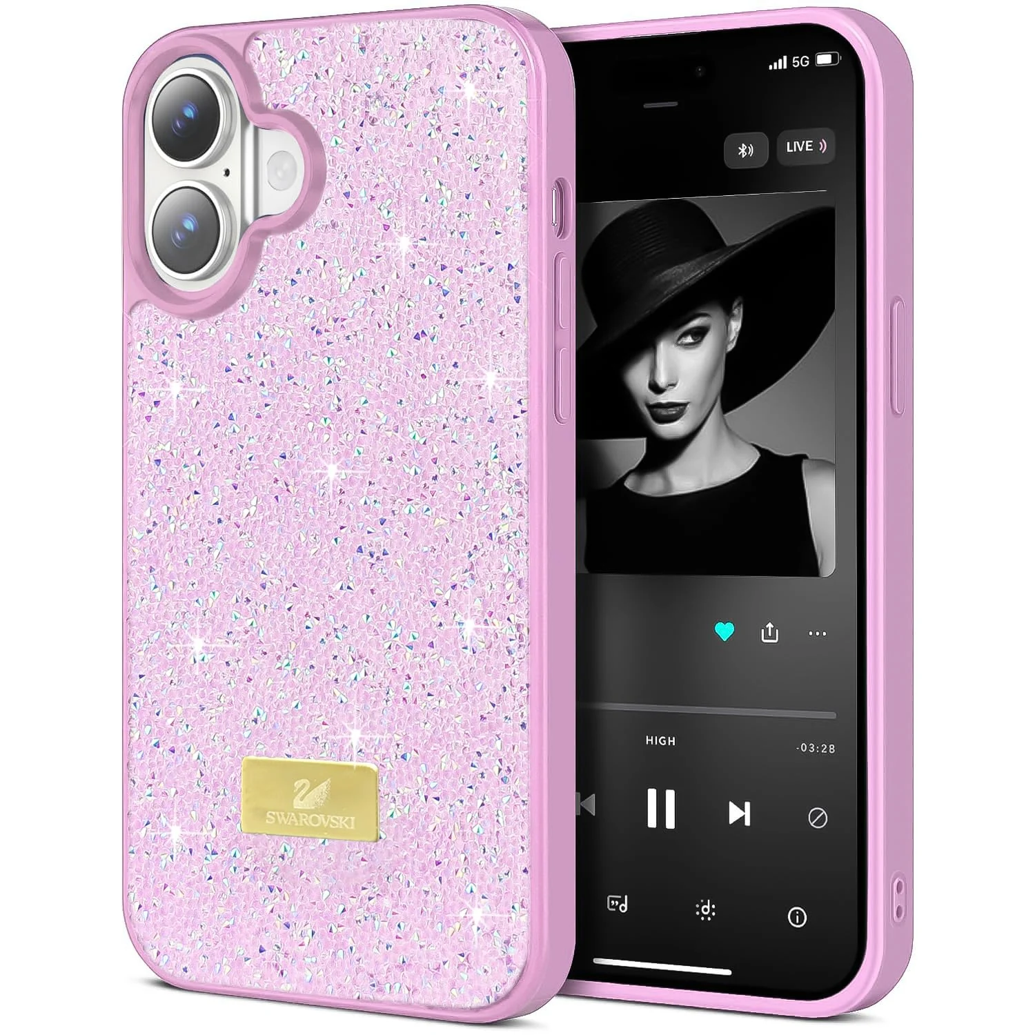 DL3 Mobilak Glitter Rhinestone Protective Case for iPhone 16+ Plus 6.7-Inch with Shockproof Design - Pink