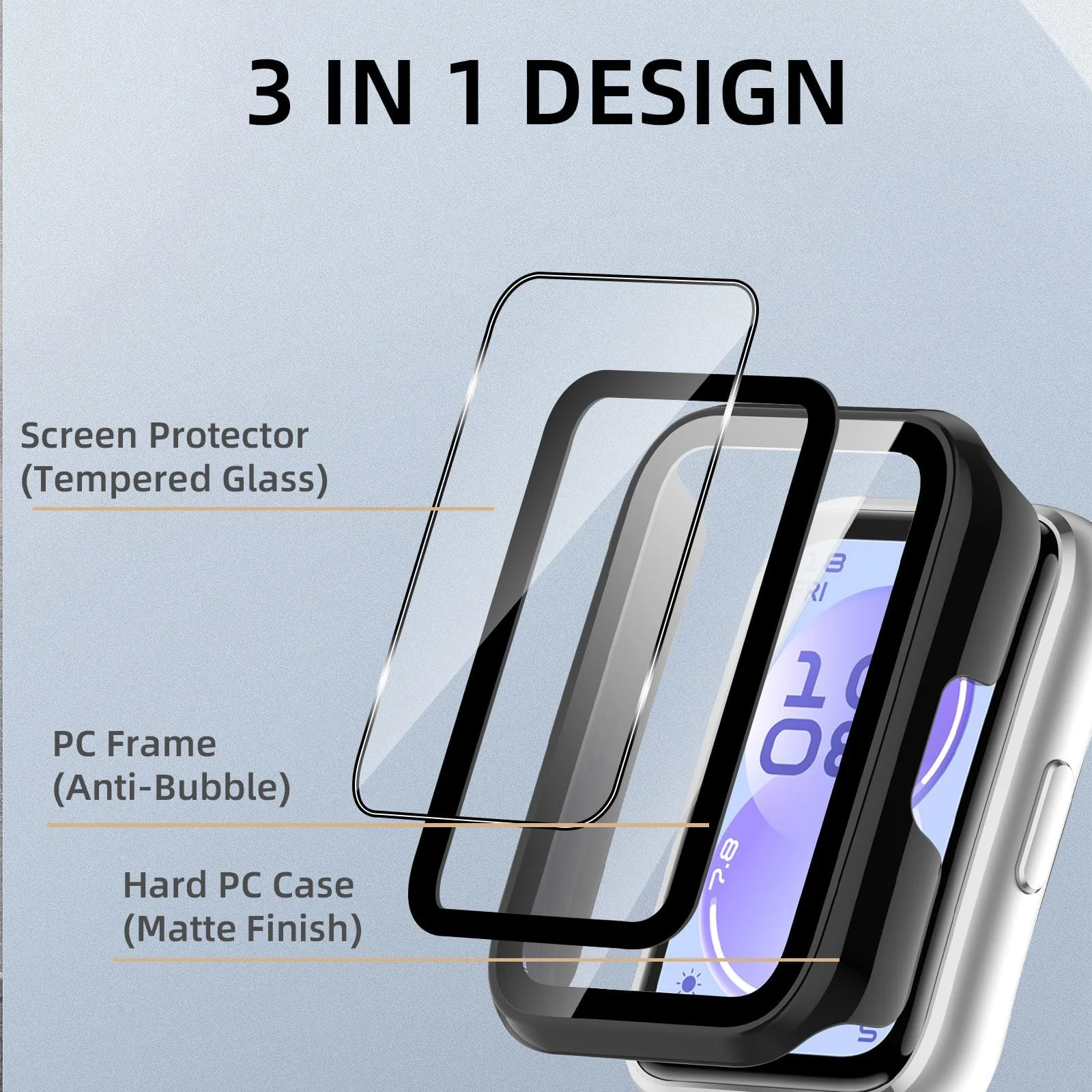 DL3 Mobilak Case with Screen Protector for Huawei Band 11, Bumper Full Coverage Hard PC Overall Protective Cover, Built-in Tempered Glass Film High Sensitivity For Huawei Band 11 - Black