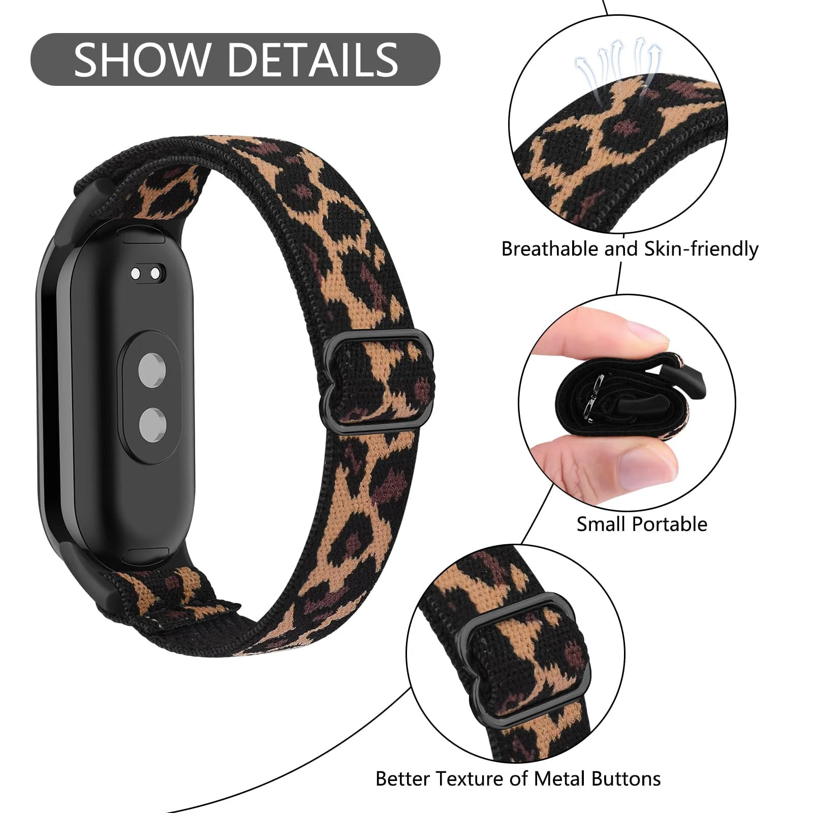 DL3 Mobilak Strap for Xiaomi Mi Band 10 / Xiaomi Mi Band 9 / Xiaomi Mi Band 8, Elastic Nylon Straps, Adjustable Breathable Replacement Bracelet for Xiaomi Smart Band 8/9/10 for Women Men - Leopard Print