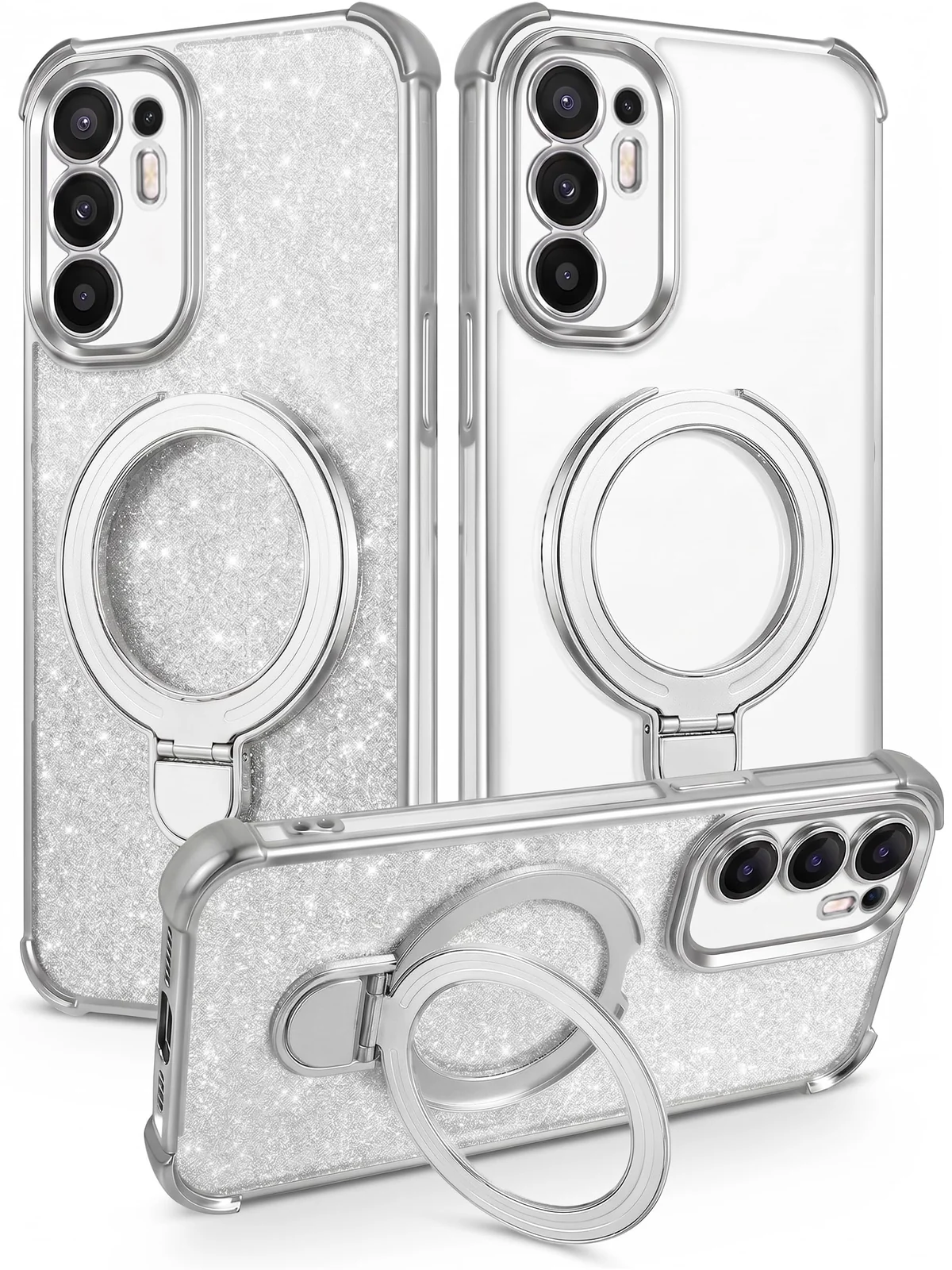 Mobigon Glitter Phone Case Compatible with OPPO Reno 6 4G, Magnetic Ring Stand Shockproof Cover, Clear Soft TPU Bumper with Full Camera Protection - Silver