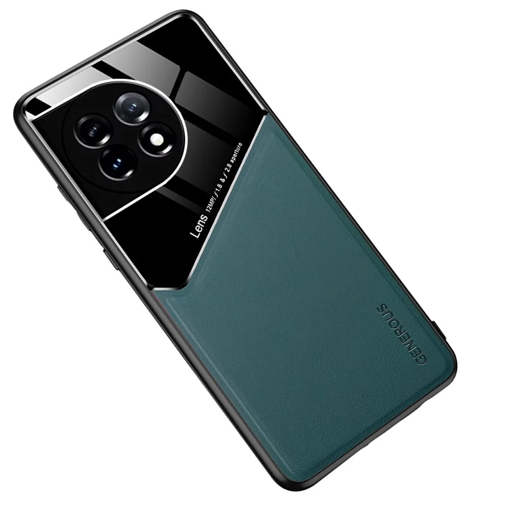 DL3 Mobilak Luxury Case For OnePlus 11 5G, Ultra-Thin Soft TPU Frame, Back Leather Mixed Double+Plexiglass Protective Cover With Built-in Car Magnetic - Green