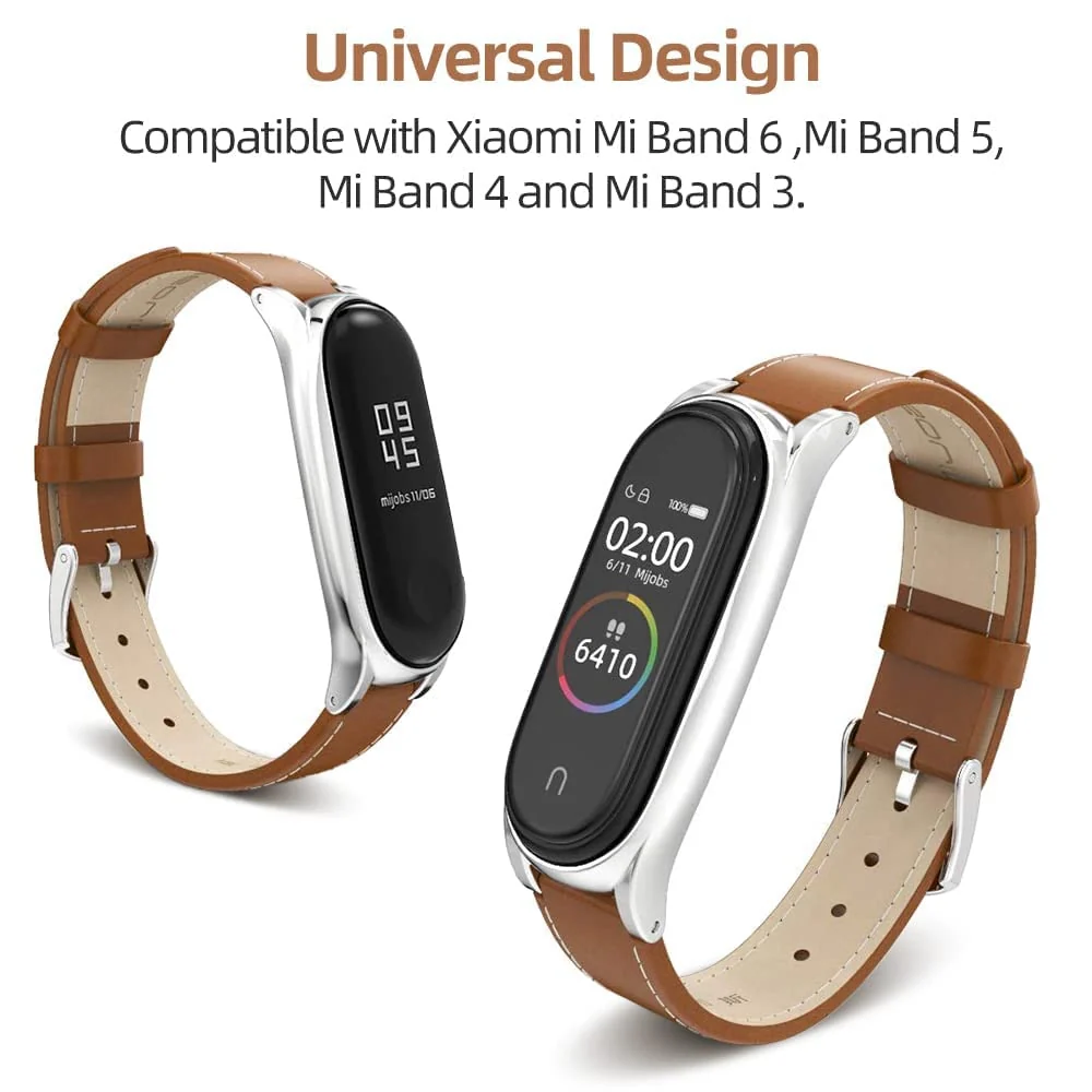 DL3 MOBILAK Strap for Mi Band 6, Mi band 5, Mi Band 4, Mi Band 3 Genuine Leather Replacement Strap Watch Wrist Band Smart Bracelet Accessories for Xiaomi Mi 6 5 4 3 Fit Band - Brown
