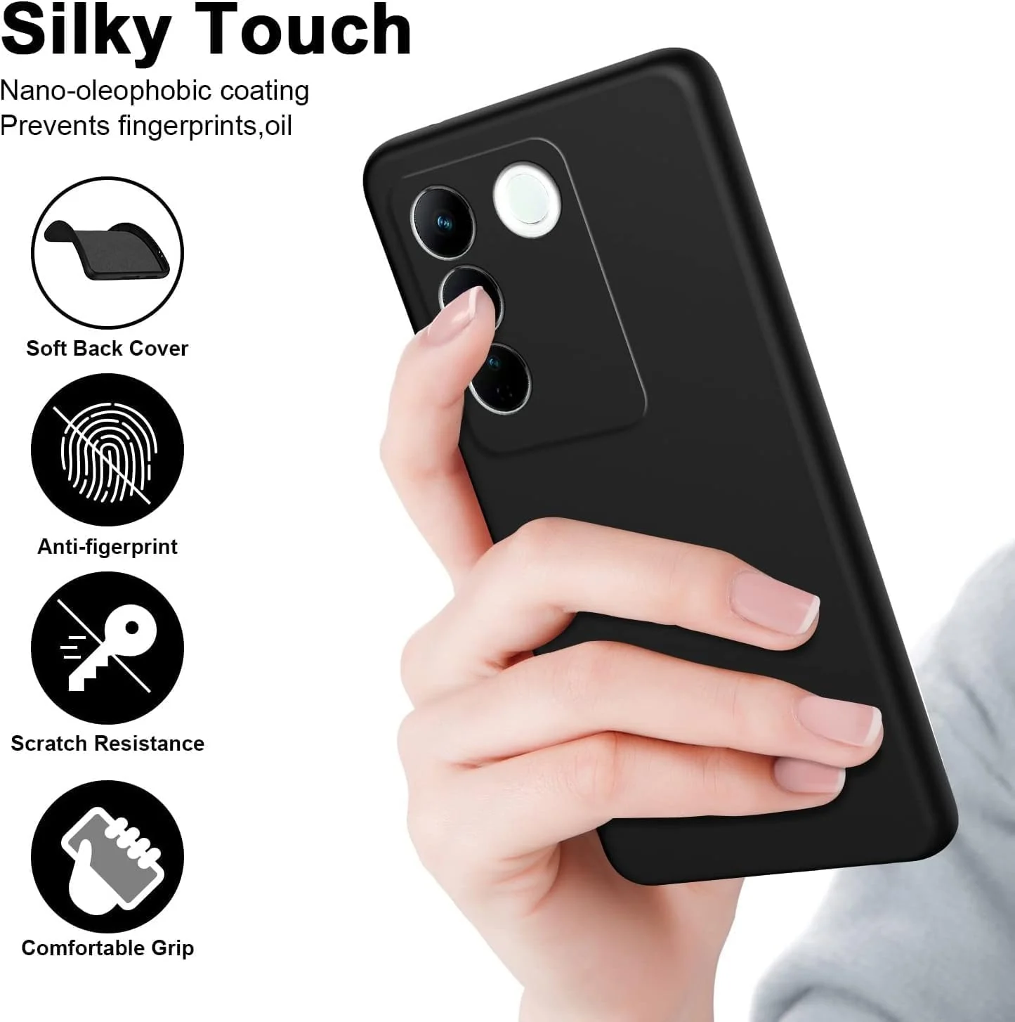DL3 Mobilak VIVO V27e/VIVO S16e Case, Soft Flexible Liquid Silicone Gel Rubber Bumper Cover, Full Body Shockproof Protective Phone Case - Black