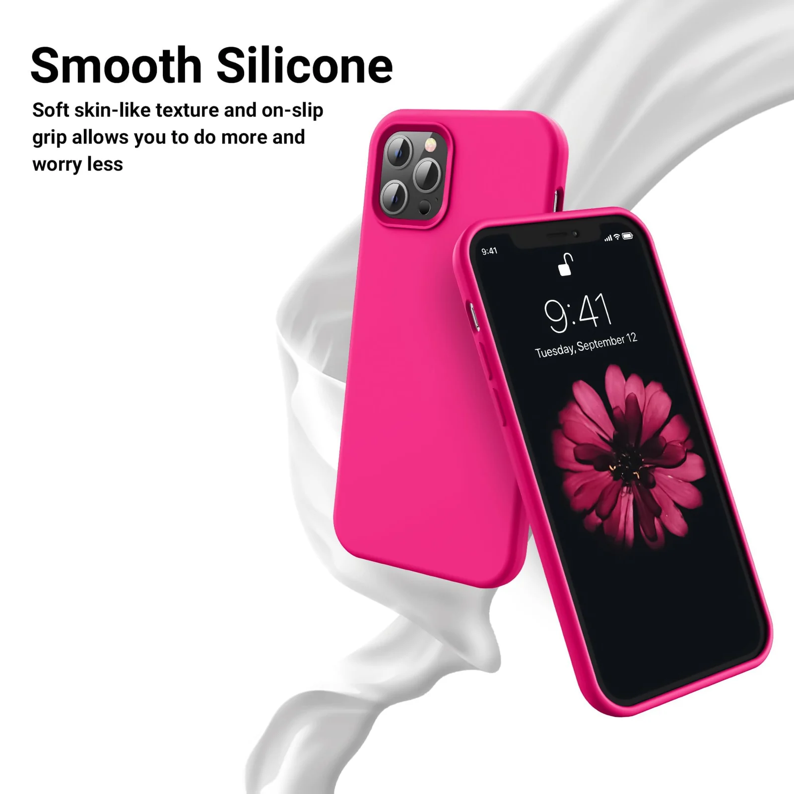 DL3 Mobilak Liquid Silicone Protective Case for iPhone 12 / 12 Pro (6.1 Inch) with Camera Protection and Microfiber Lining - Neon Pink