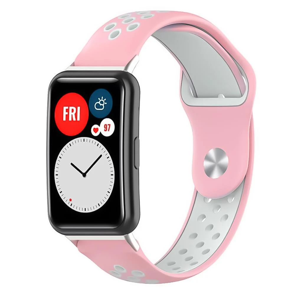 DL3 Mobilak Sport Strap Compatible with Huawei Watch Fit & Huawei Watch Fit New & Huawei Watch Fit Elegant, Breathable Silicone Double Hole Snap Buckle Band - Pink & White