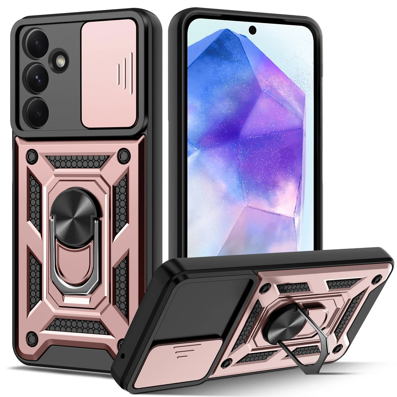 DL3 Mobilak Silicone Protective Case for Samsung Galaxy A35 5G with Slide Camera, Built-in magnetic car-mount support, Shock-absorbing protection, Built-in kickstand - Rose Gold