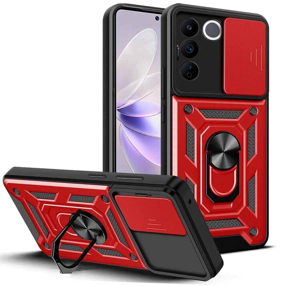 DL3 Mobilak Military-Grade Protective Case with Sliding Camera Cover, Metal Ring Kickstand and Magnetic Car-Mount Support for vivo V27e / vivo S16e - Red