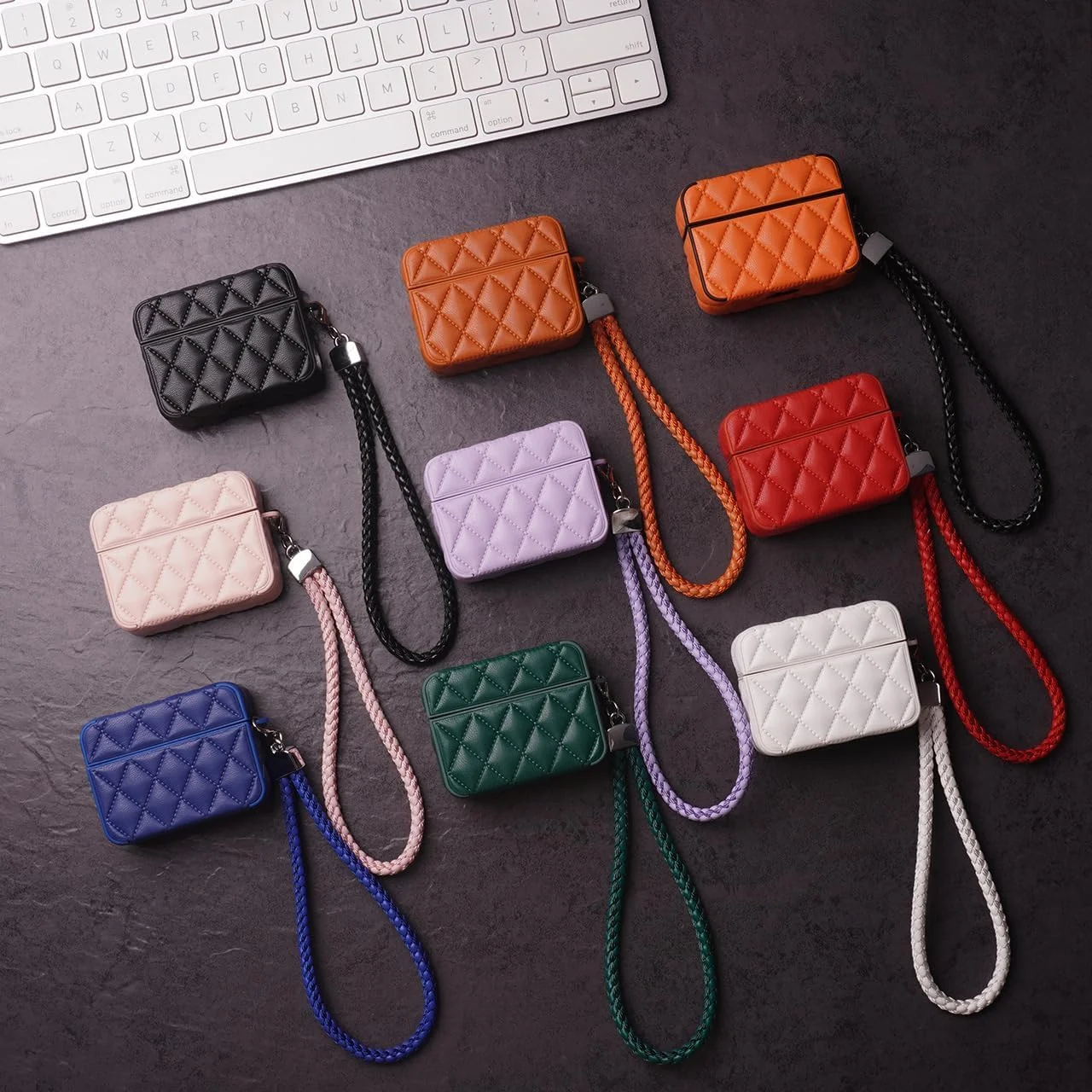 MOBIGON Diamond-Quilted PU Leather Case with Lanyard for Apple AirPods Pro 1 / 2, Orange