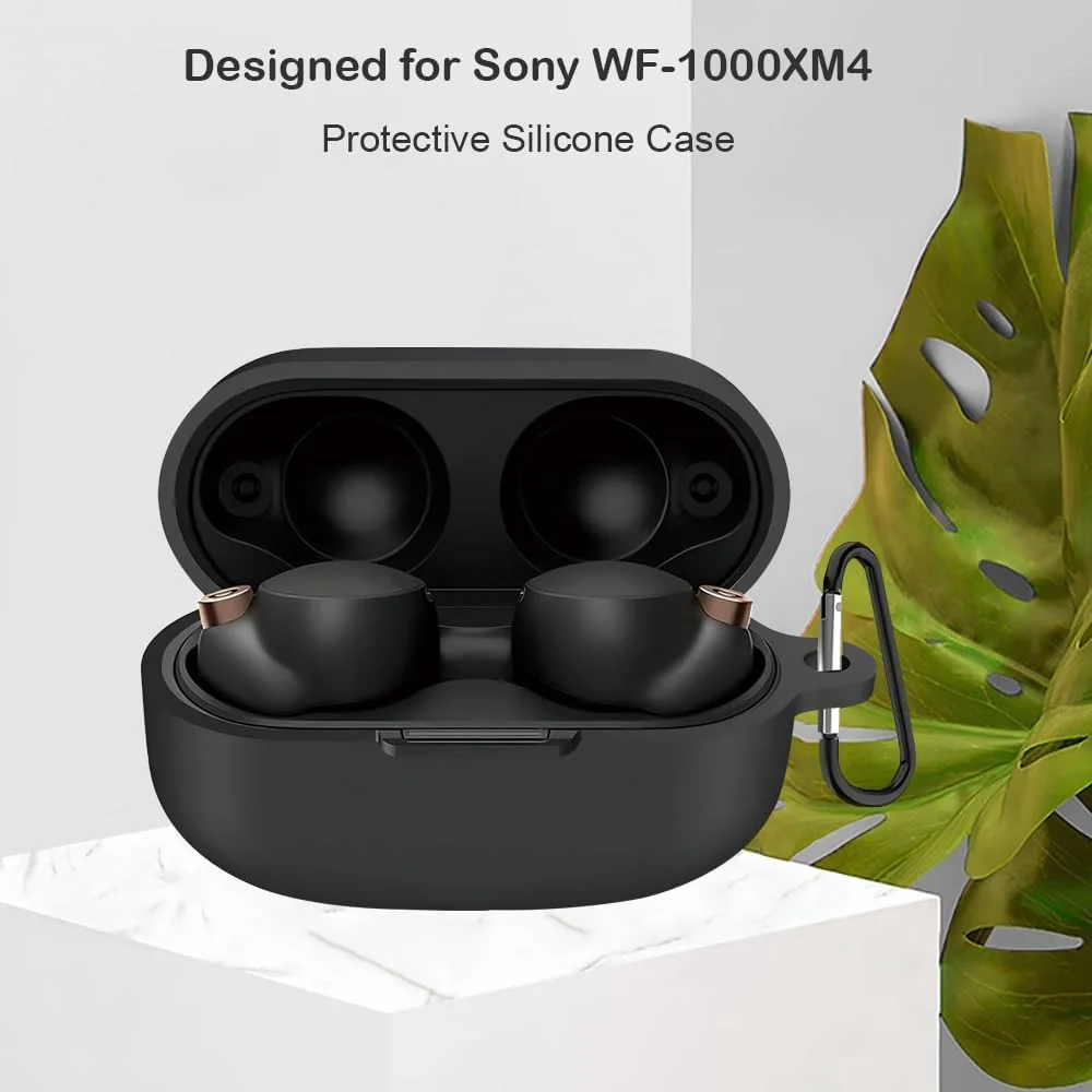 DL3 Mobilak Silicone Case Compatible with Sony WF-1000XM4 Earbuds, Soft Silicone Protective Case Cover, Shockproof Sleeve with Carabiner - Black