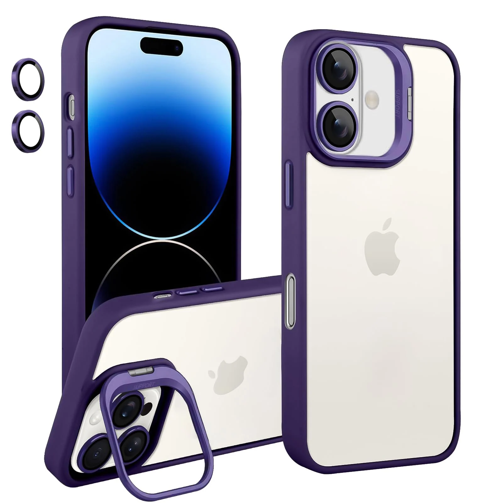 DL3 Mobilak Clear PC and TPU Case with Camera Ring Kickstand and Lens Protector for iPhone 16 - Purple
