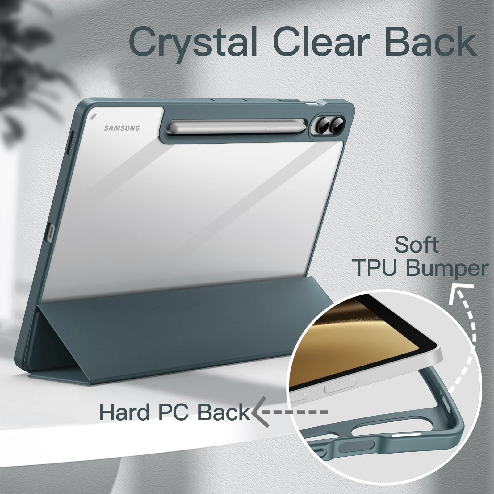 DL3 Mobilak Hybrid Slim Case for Samsung Galaxy Tab S9 FE+ / S9 FE Plus 12.4-Inch with S Pen Holder, Shockproof Cover with Clear Transparent Back Shell, Auto Wake/Sleep - Dark Green