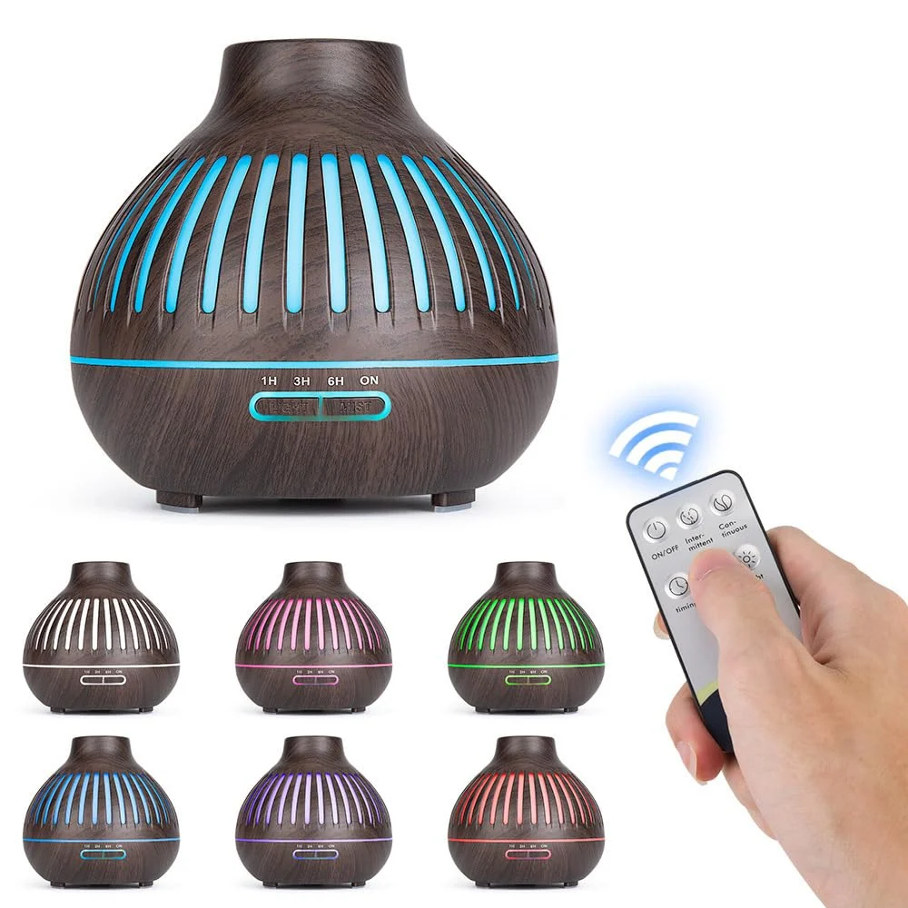 Mobigon Essential Oil Diffuser, Aromatherapy Diffuser 500ml with Remote Control, 4 Timer & Auto-Off Safety Switch, 7 Color LED Lights Mode, 10 Hours Quiet Humidifier for Bedroom - G.Dark Brown