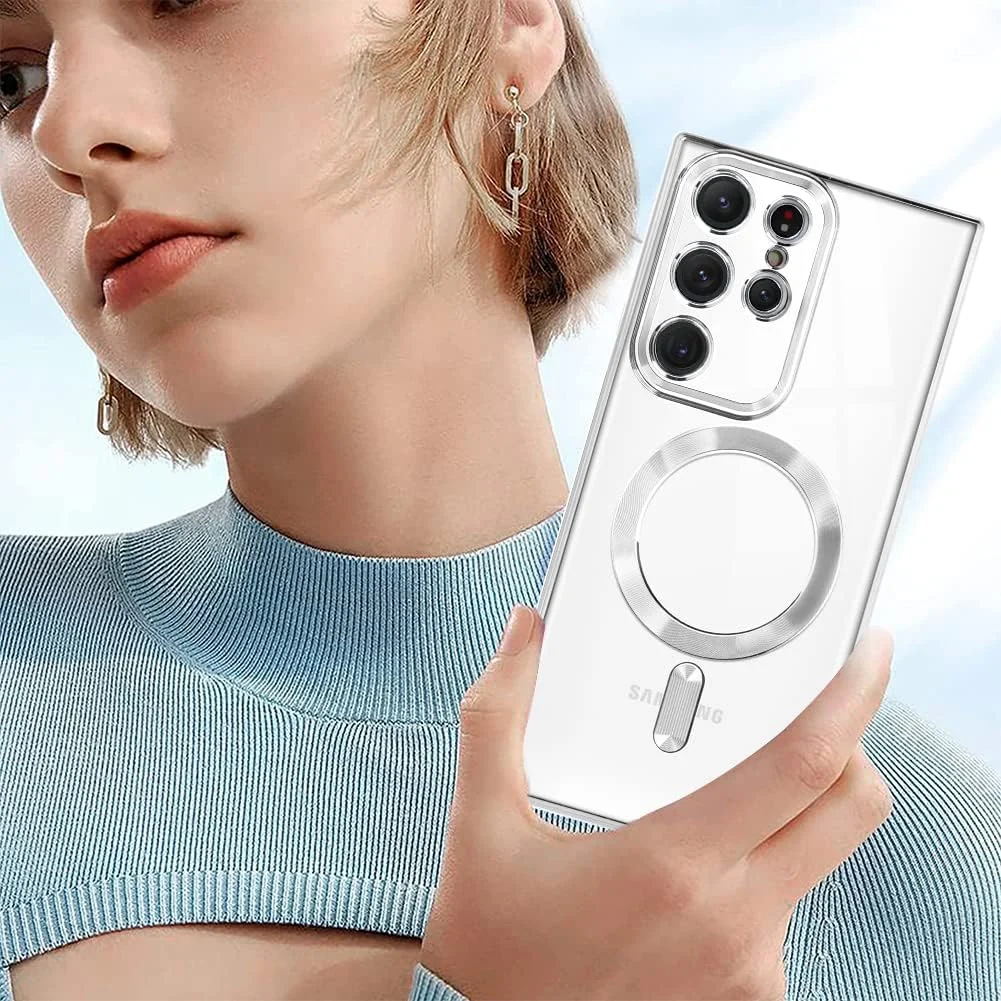 DL3 Mobilak Clear MagSafe-Compatible Magnetic Case for Samsung Galaxy S21 Ultra with Camera Protection and Shockproof Design - Silver