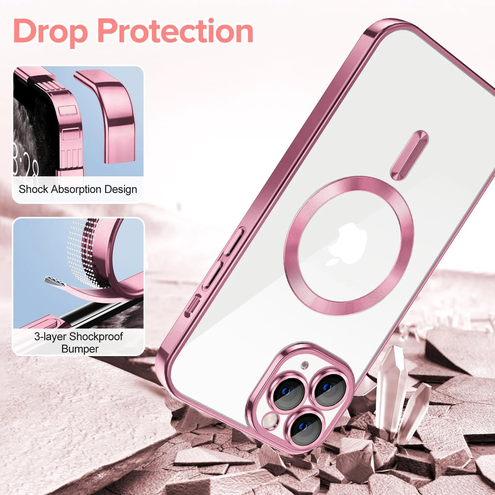 DL3 Mobilak Soft Clear Case for iPhone 11 Pro 5.8-Inch, Camera Lens Full Protection, Compatible with MagSafe Wireless Charging, Shockproof Electroplated TPU Phone Cover - Pink